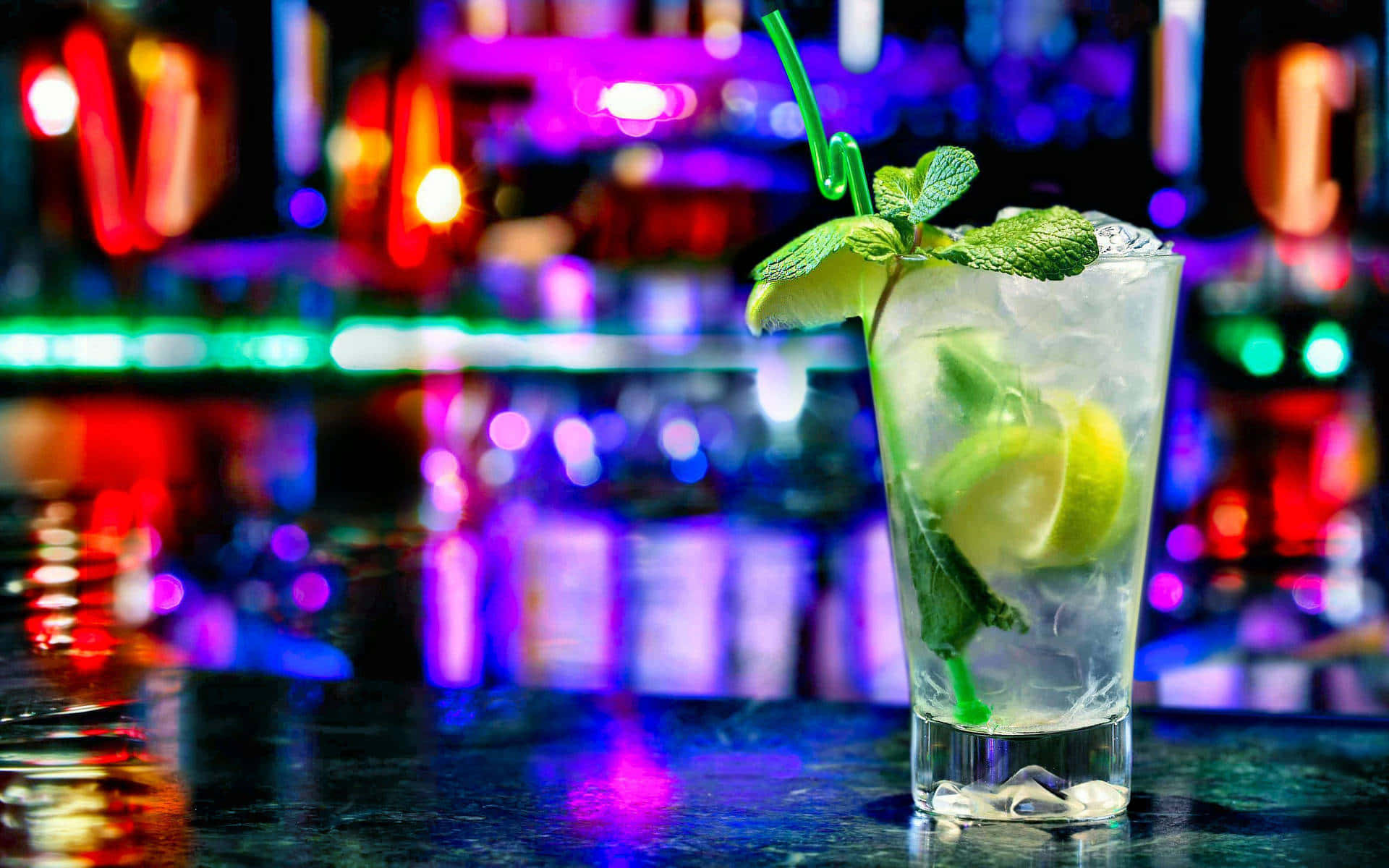 Glass Of Lime Drinks On Neon Light Background