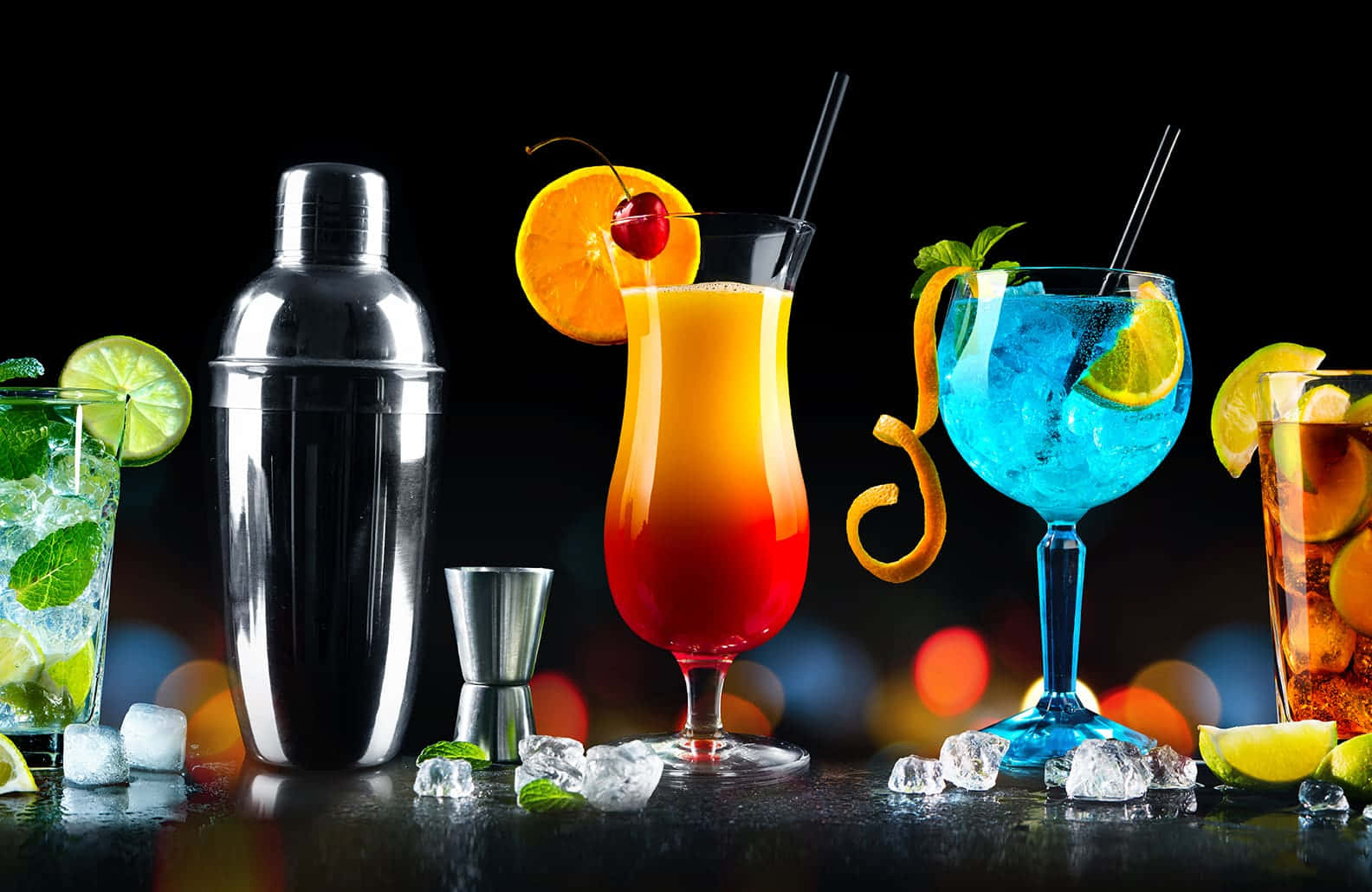 Glasses Of Alcoholic Drinks On Bar Counter Background