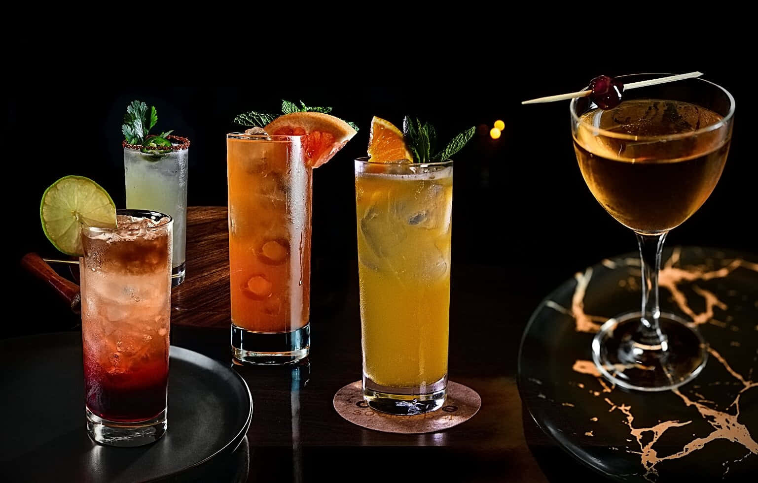 Glasses Of Fruit Cocktail Drinks Variants Background