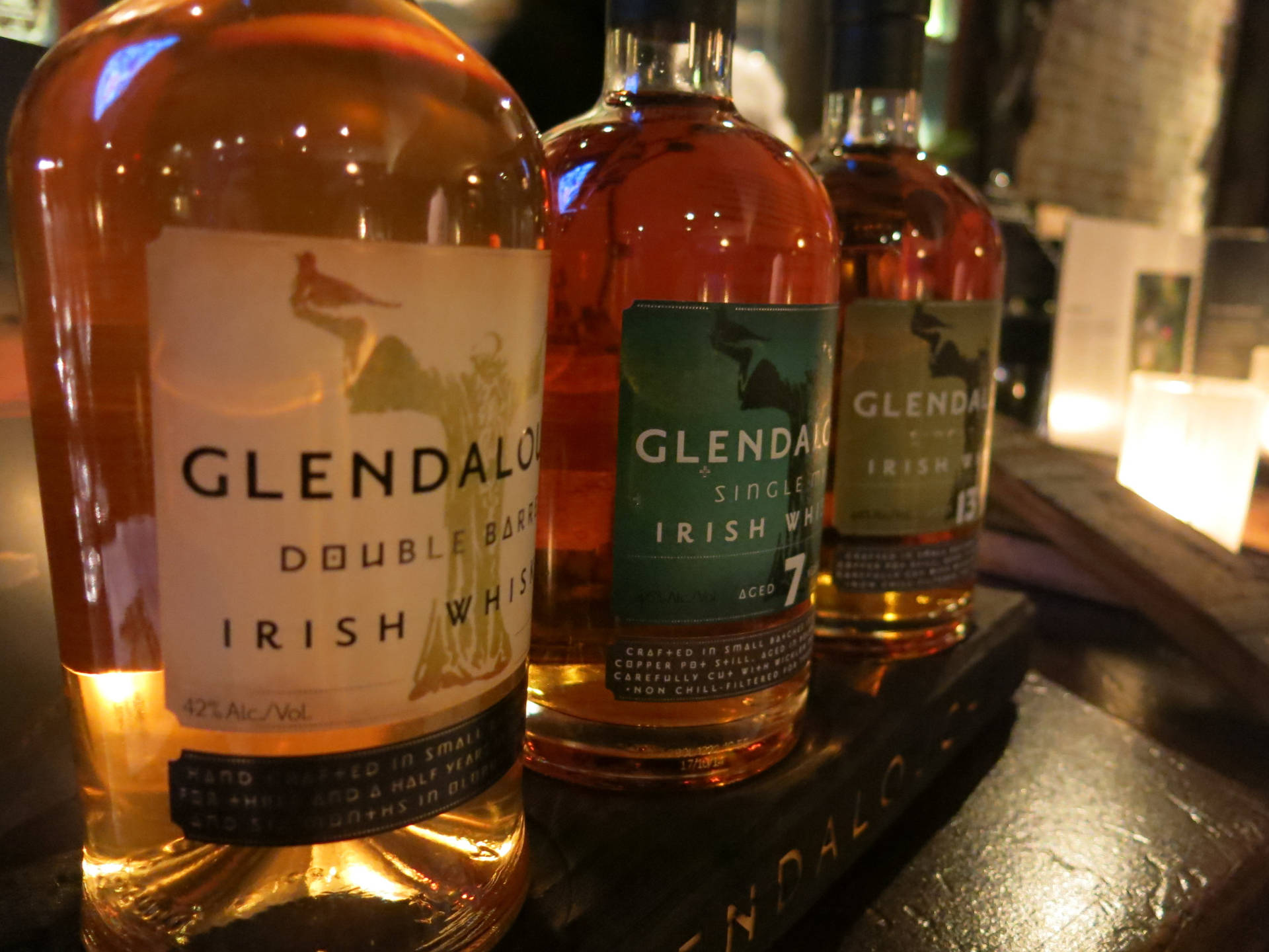 Glendalough Double Barrel Irish Whiskey On Bar Counter Background