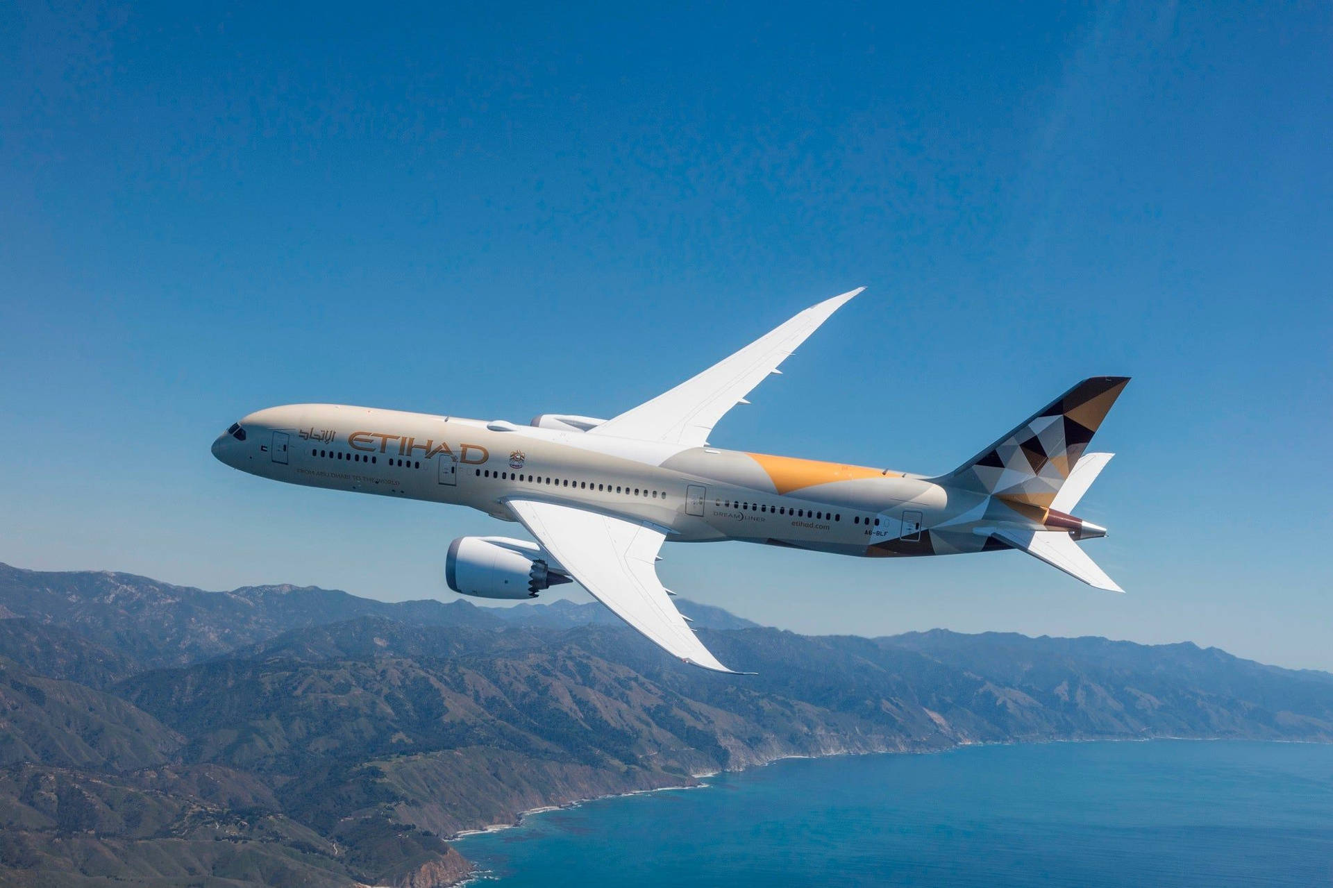 Gliding Etihad Airways Plane Background