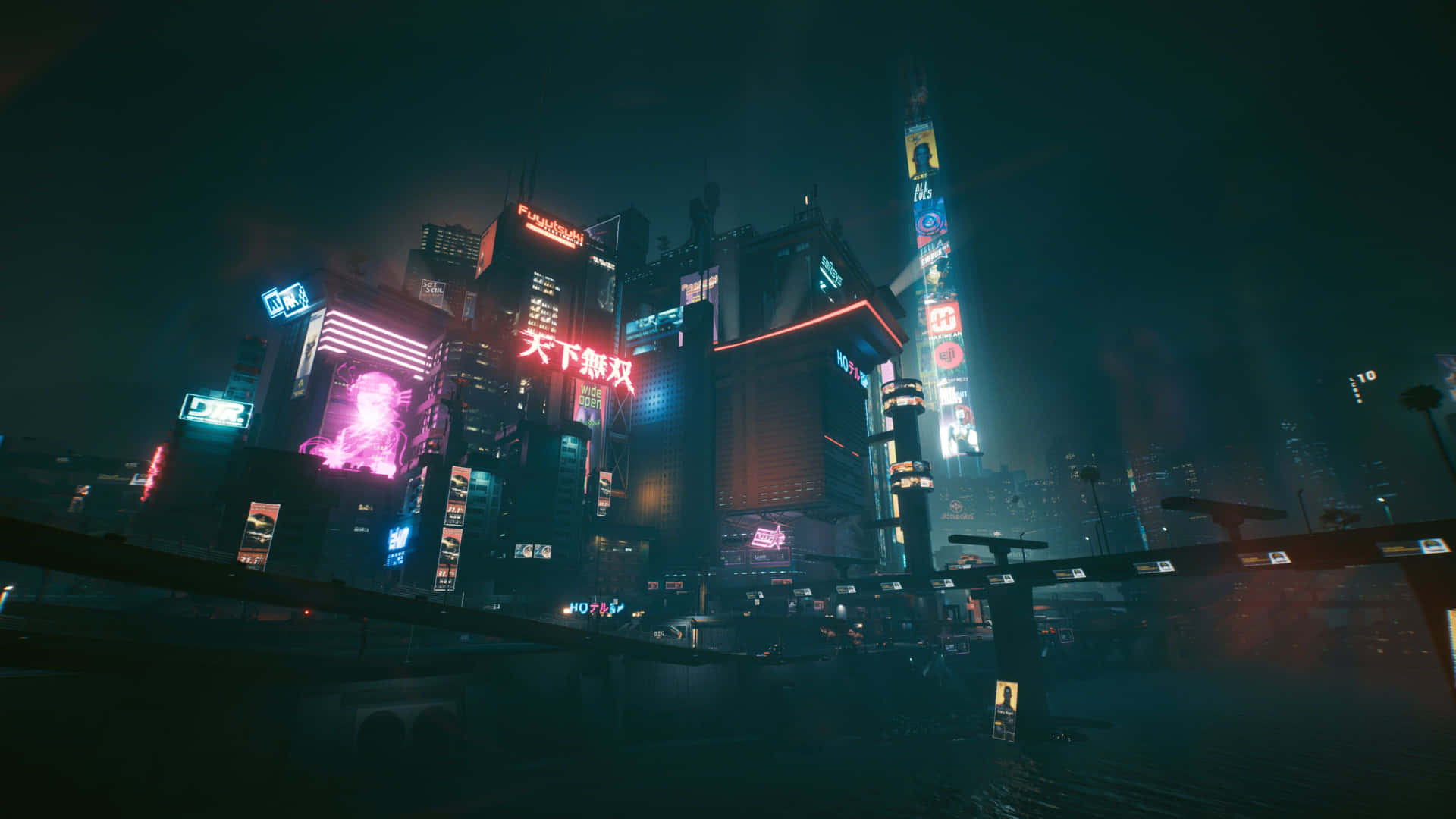 Glimpse The Future- Neon Lights And Megacorporations Tower Over A Cyberpunk Inspired Night City. Background