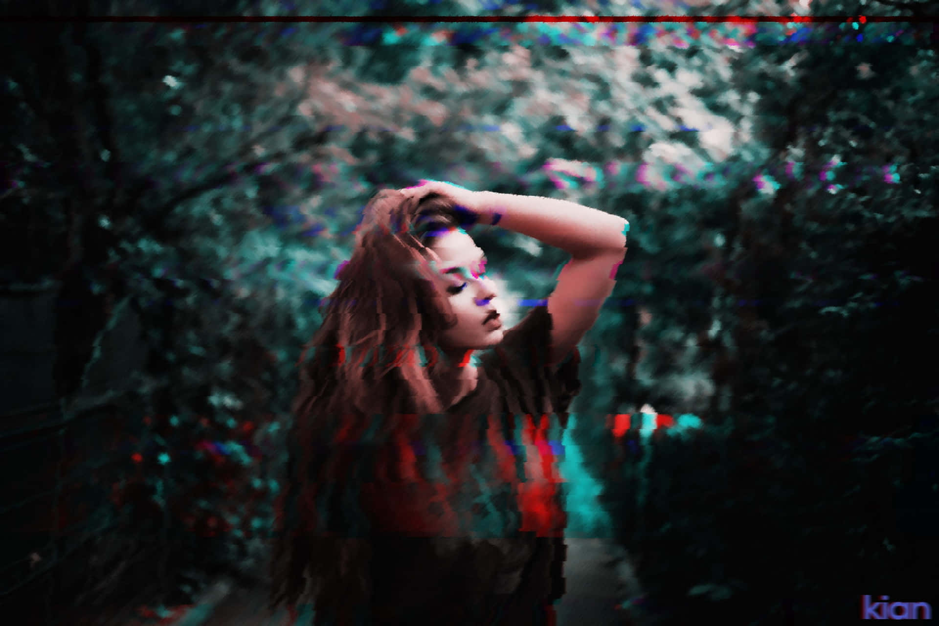 Glitch Effect Woman In Forest Background