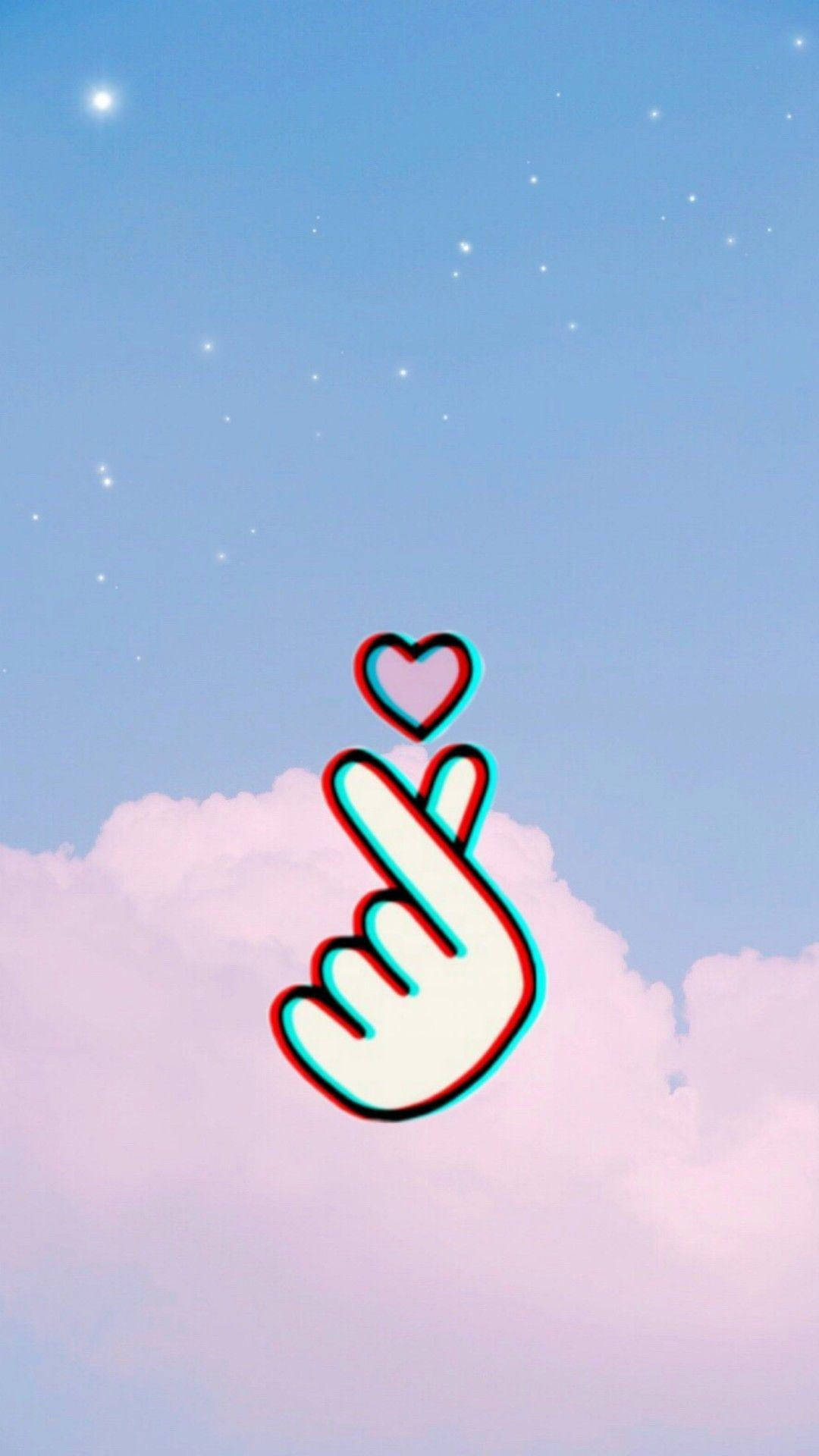 Glitching Saranghae Finger Heart On Sky Background