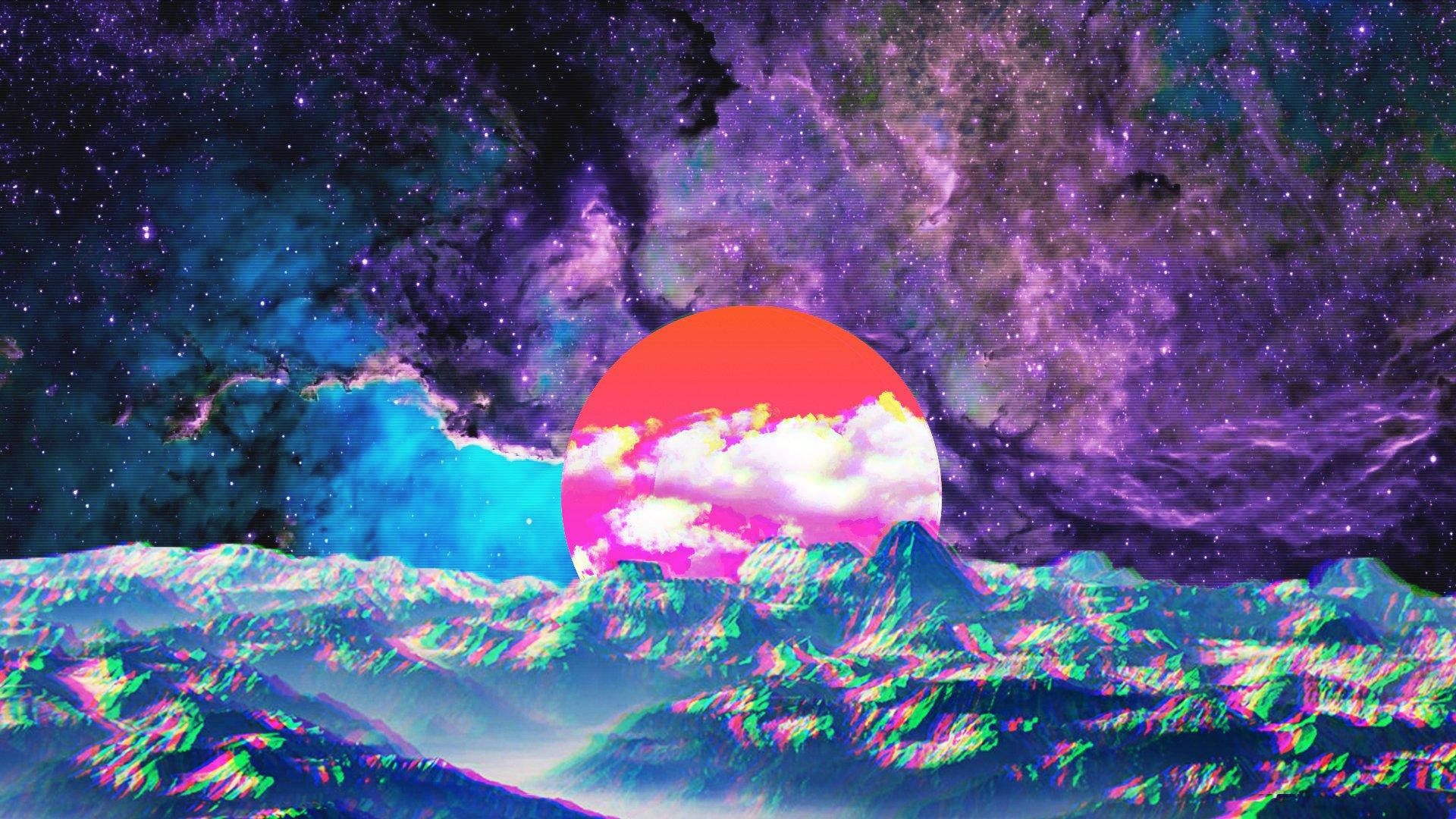 Glitchy Mountain And Galactic Universe Cover Background