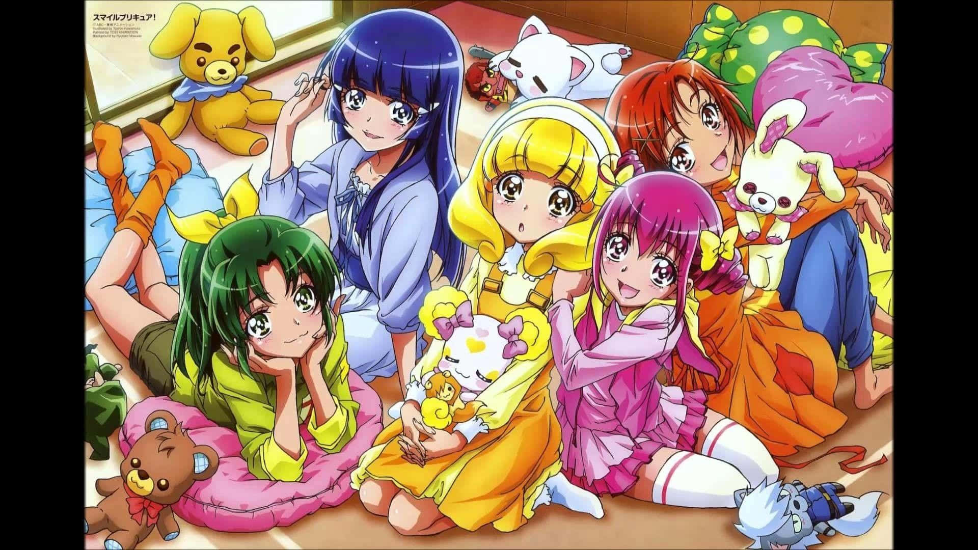 Glitter Force Sitting While Smiling Background