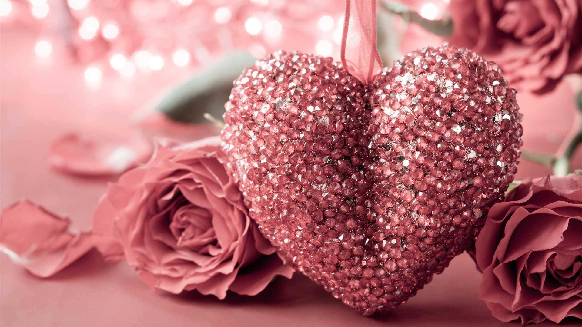 Glitter Pink Hearts And Blooming Rose Background