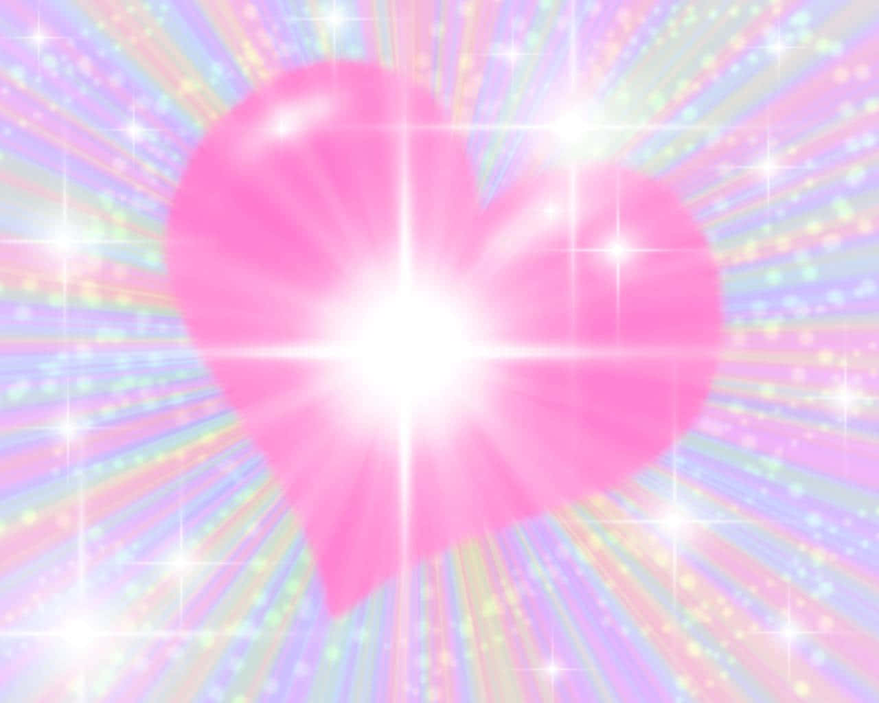 Glitter Pink Hearts On Colorful Rays Background