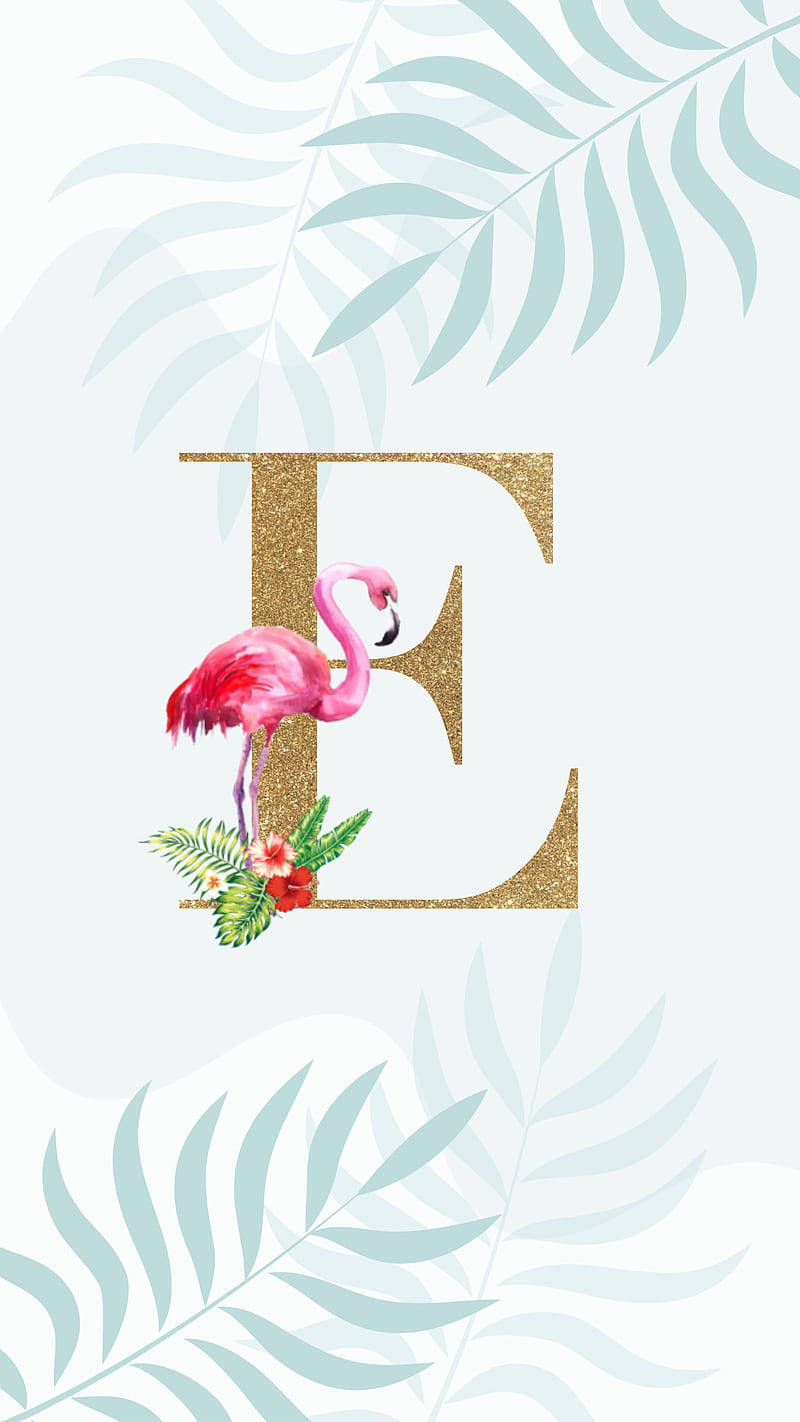 Glittery Gold Letter E With Flamingo Background
