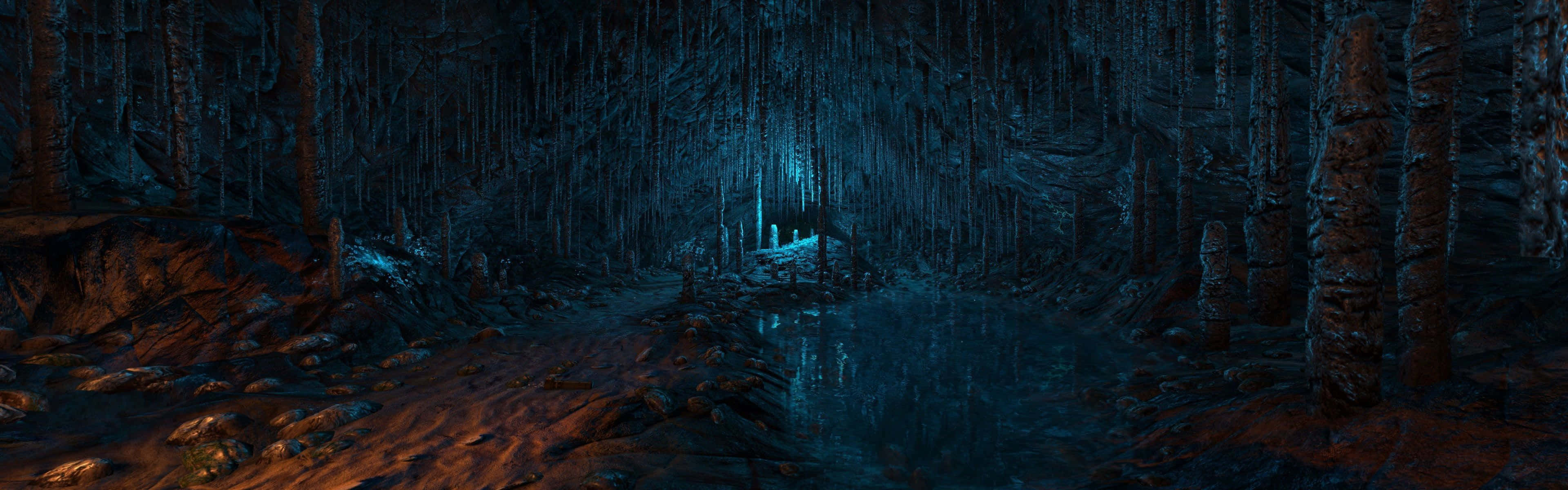 Gloomy Forest With Blue Glow Dark Triple Monitor Background