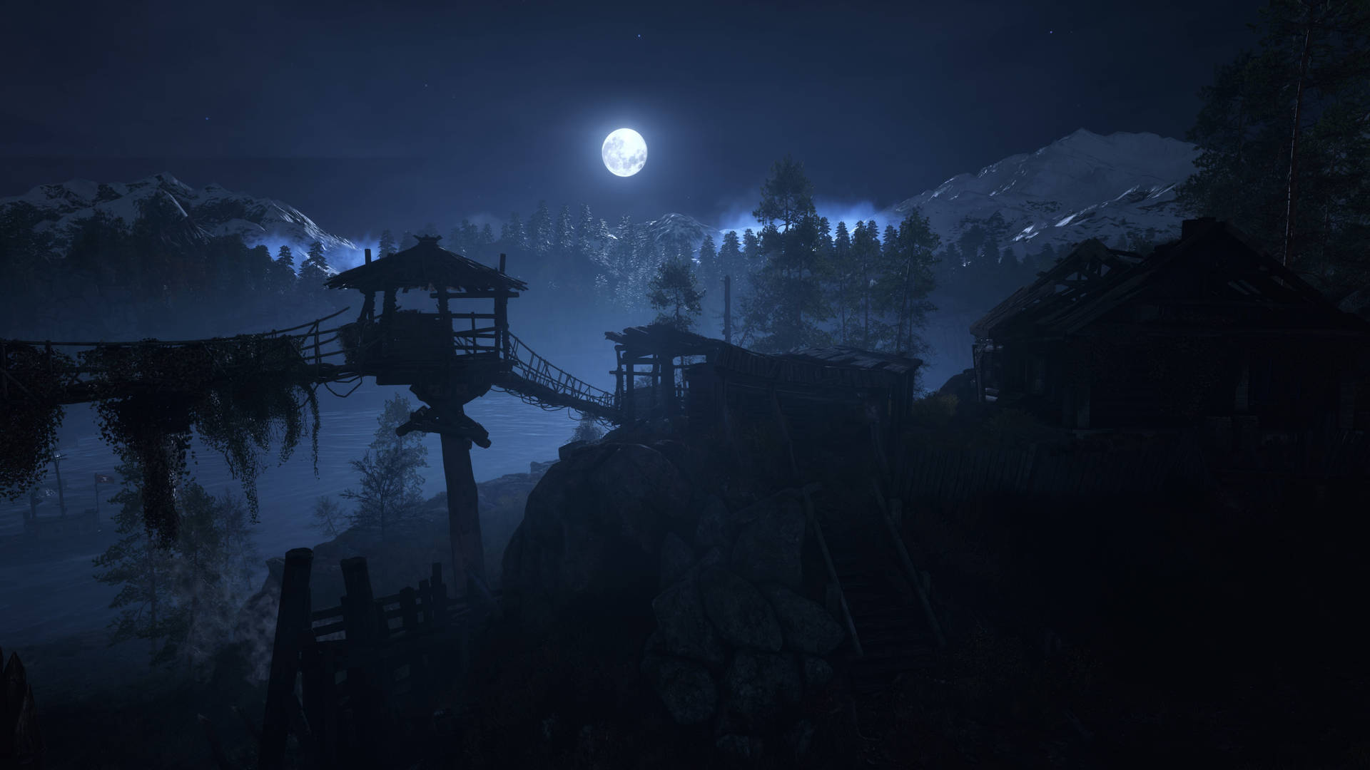 Gloomy House In Mountains Moonlight 4k Background
