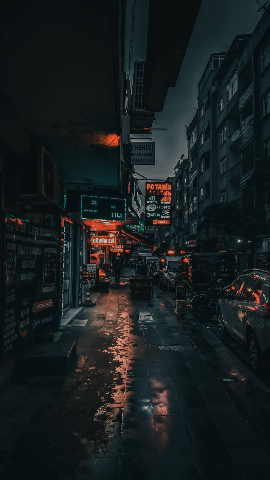 Gloomy Sidewalk With Neon Sign Boards