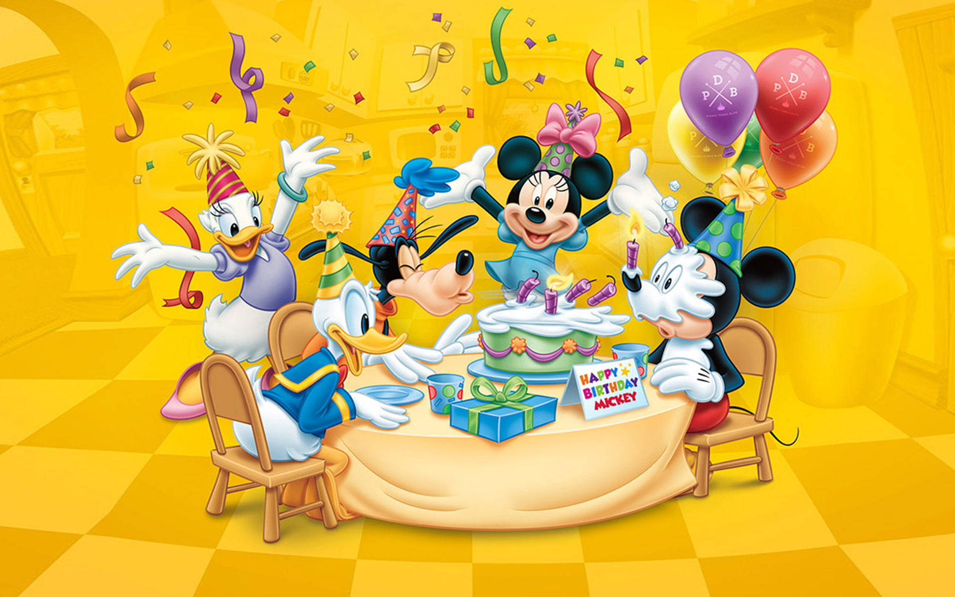 Glorious Mickey Mouse Birthday Celebration In A Vibrant Yellow Room. Background