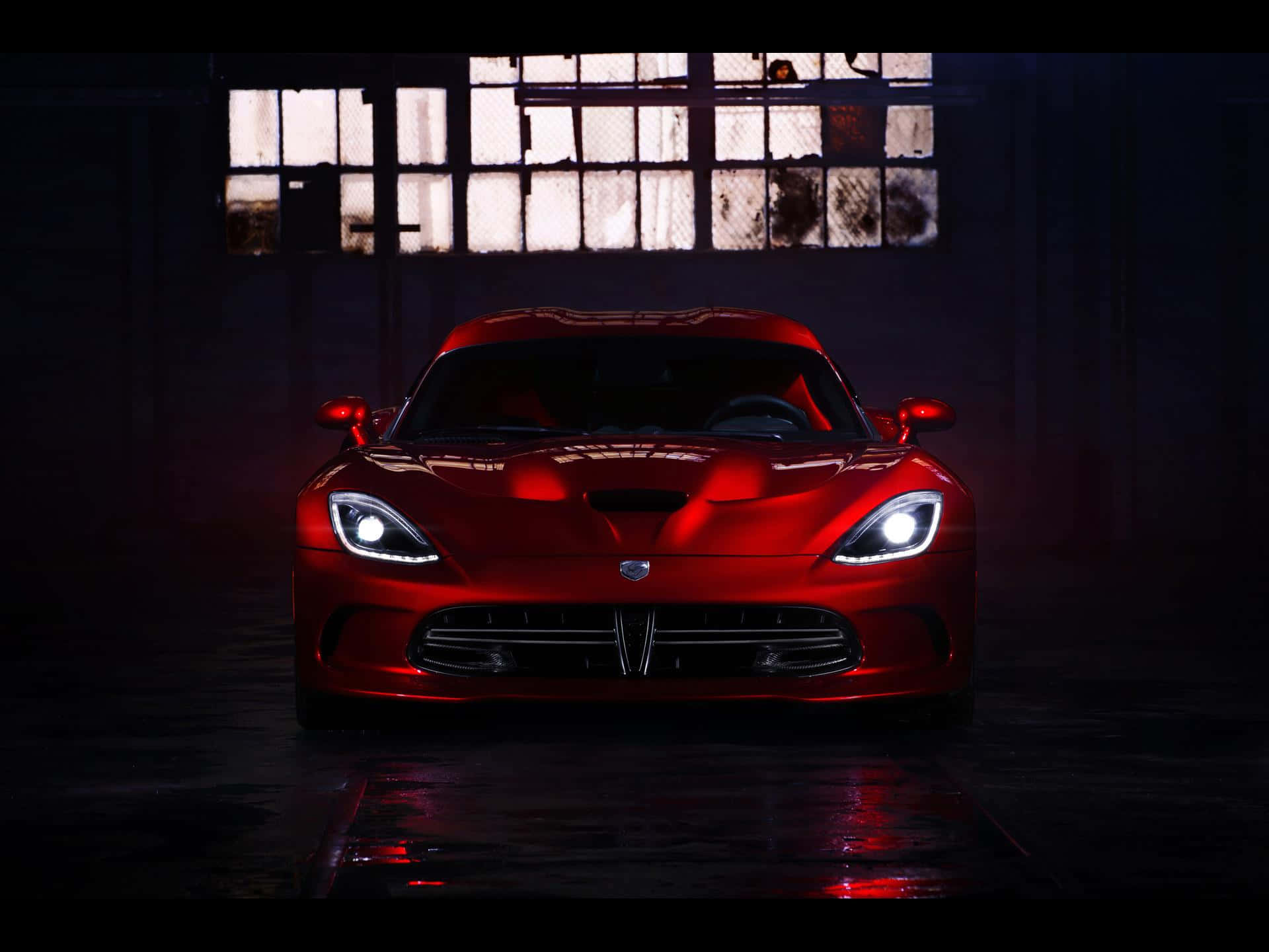 Glossy Red Dodge Viper Warehouse Background