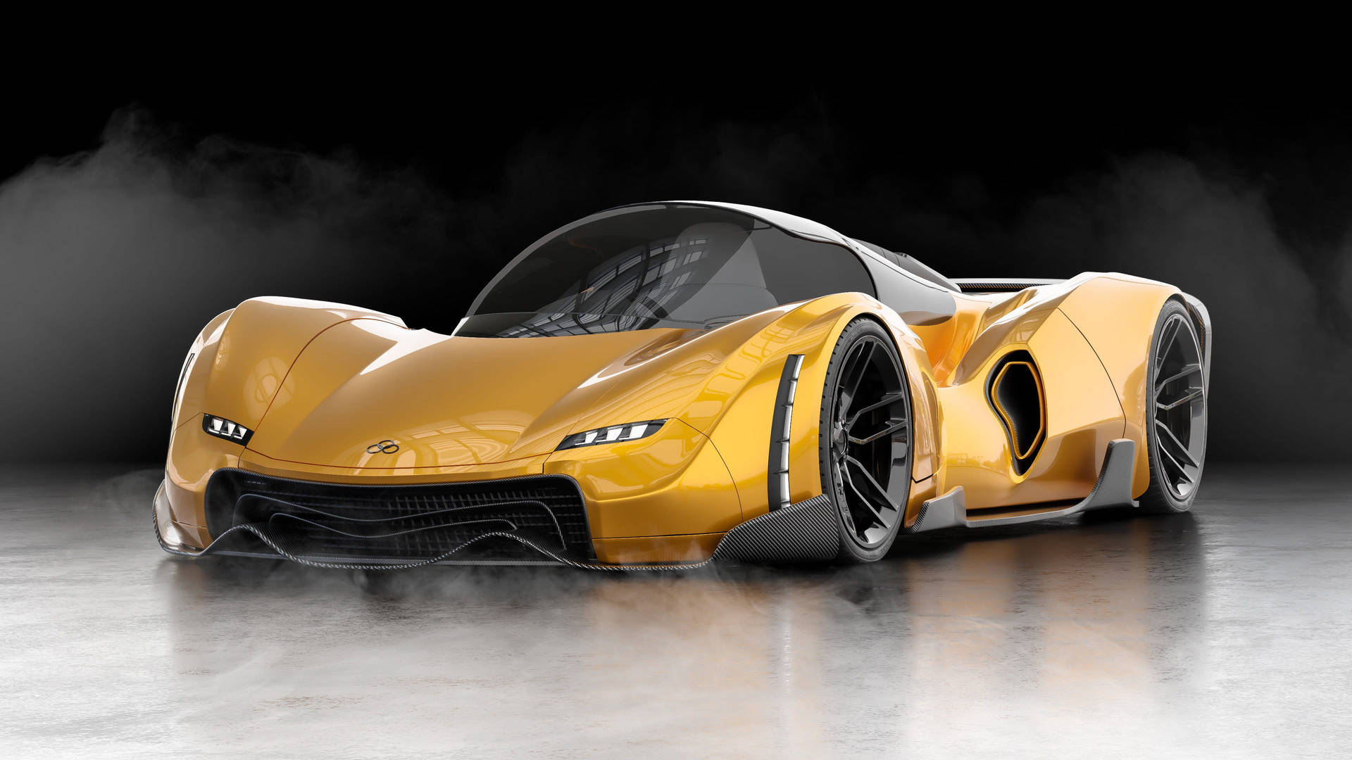 Glossy Yellow 3d Car With Smoke Background