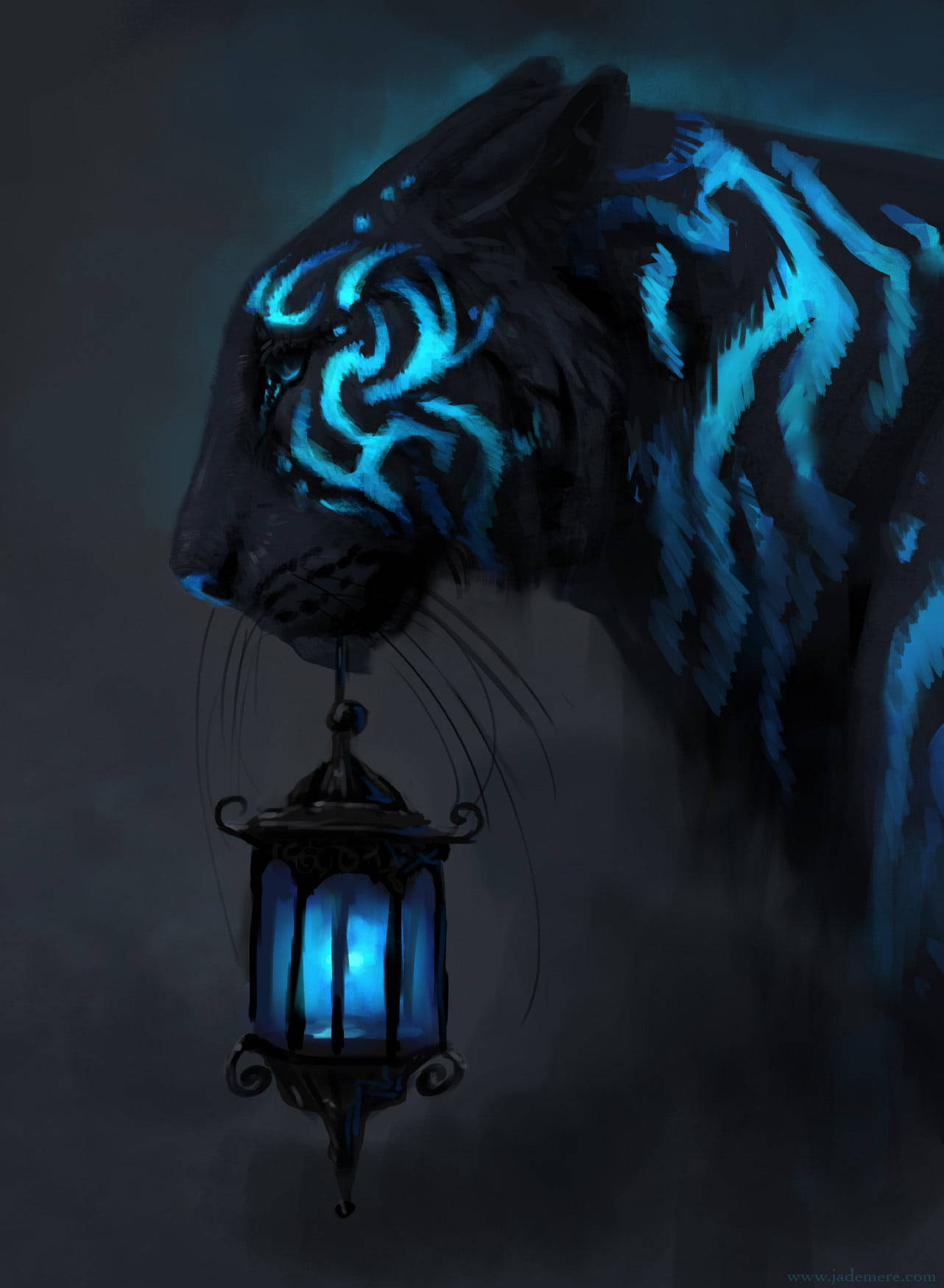 Glowing Black Tiger With Lamp Background