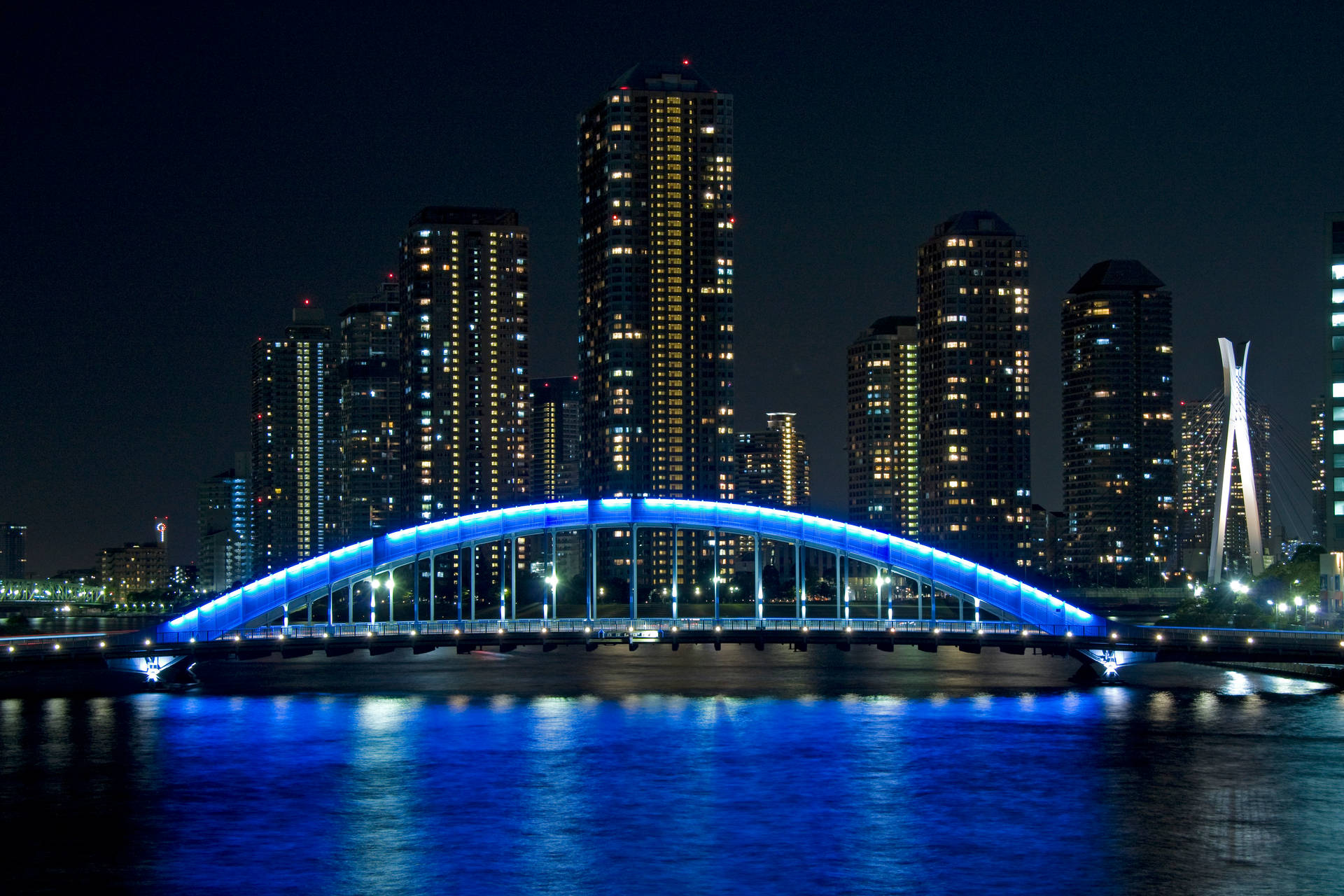 Glowing Blue Eitai Bridge Tokyo Japan Background