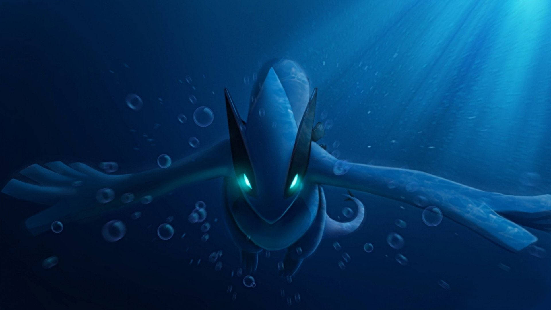 Glowing Eyes Of Lugia In Sea Background