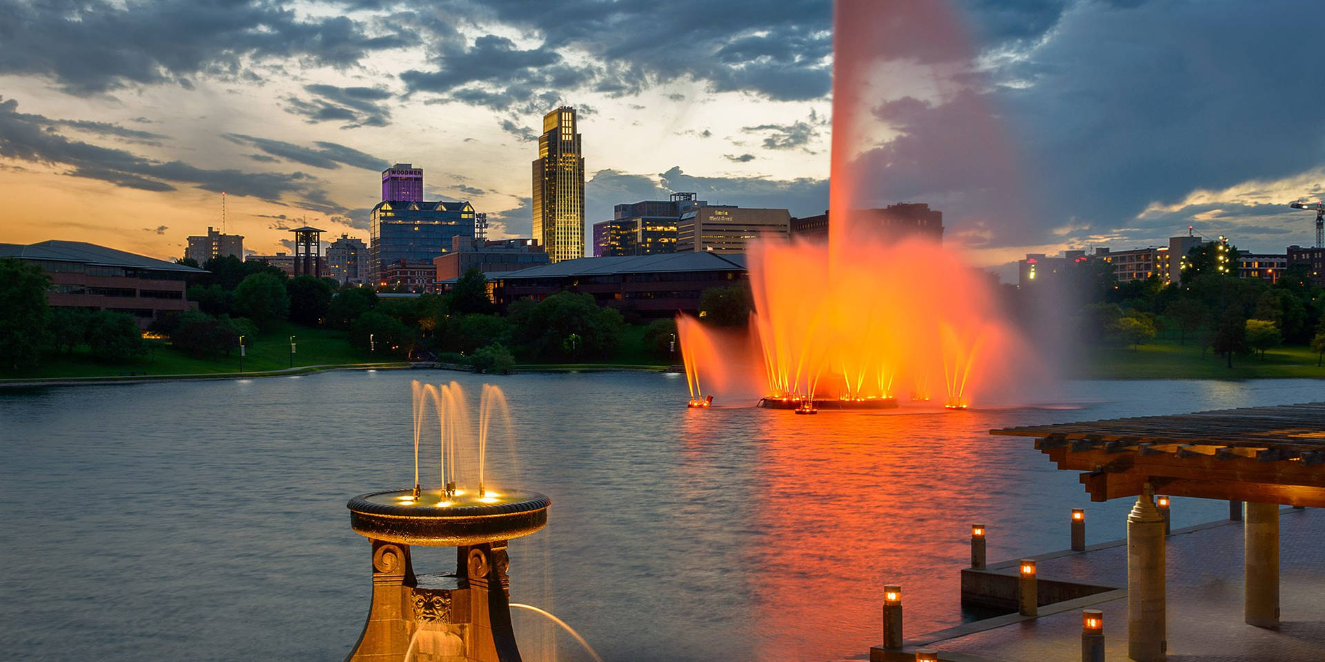 Glowing Fountain At Omaha Riverfront