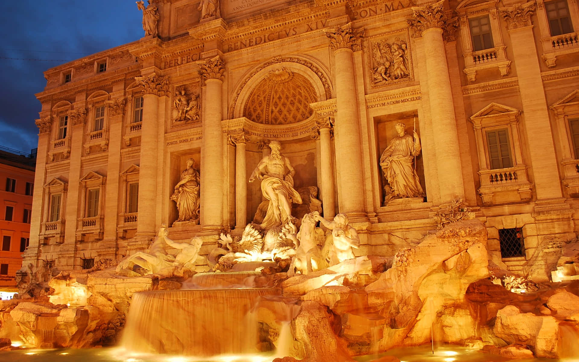 Glowing Gold Spotlight On Trevi Fountain Background