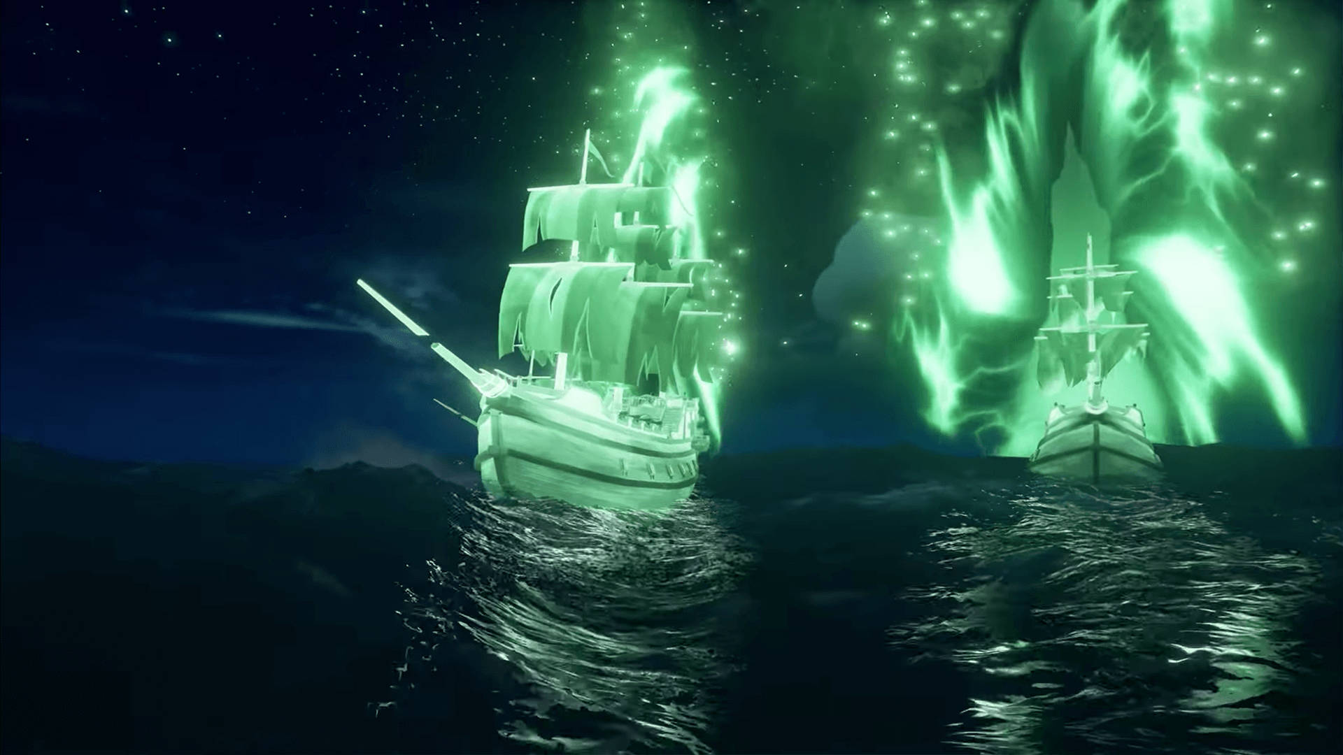 Glowing Green Ghost Ships Background