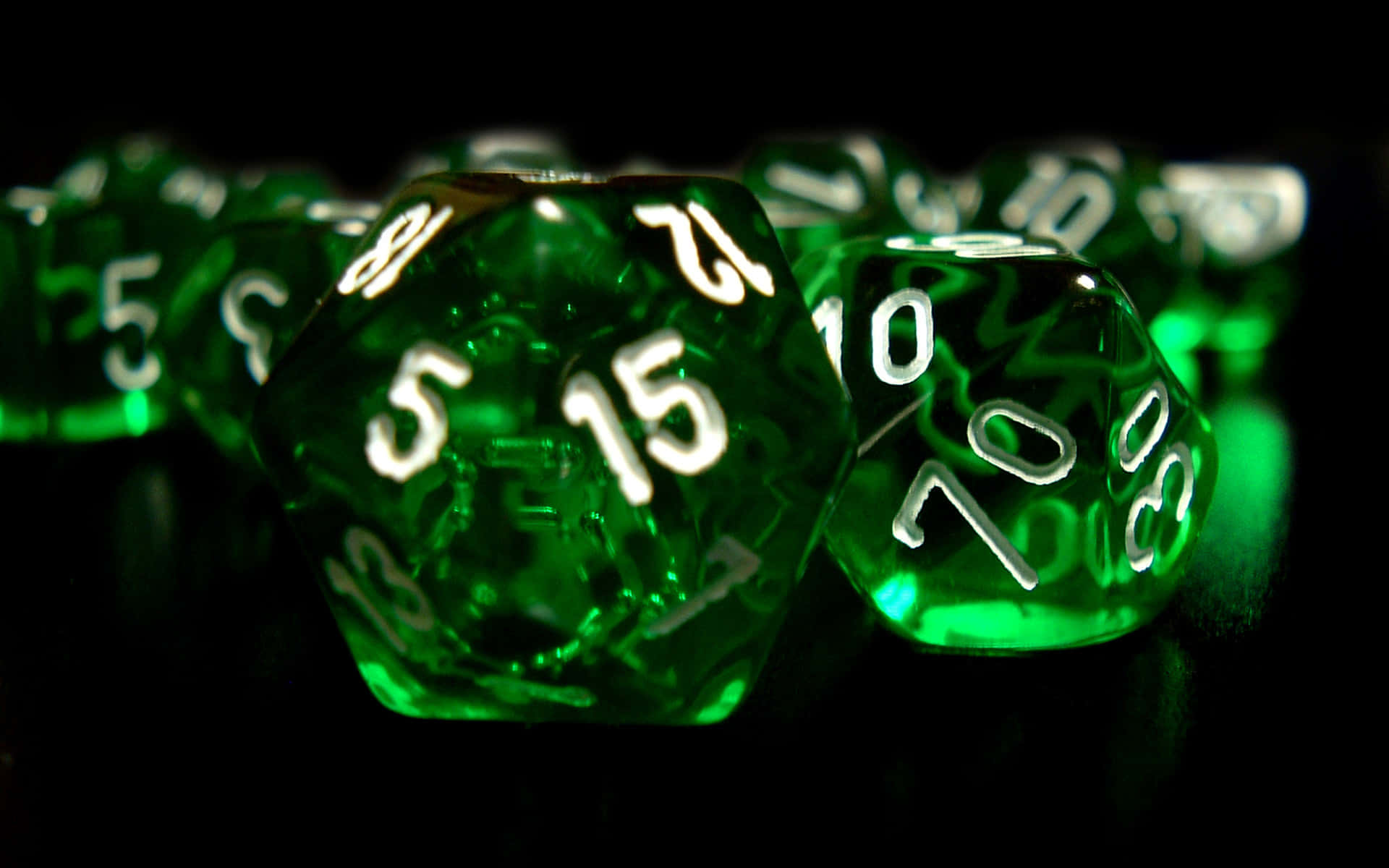 Glowing Green Polyhedral Dice Background