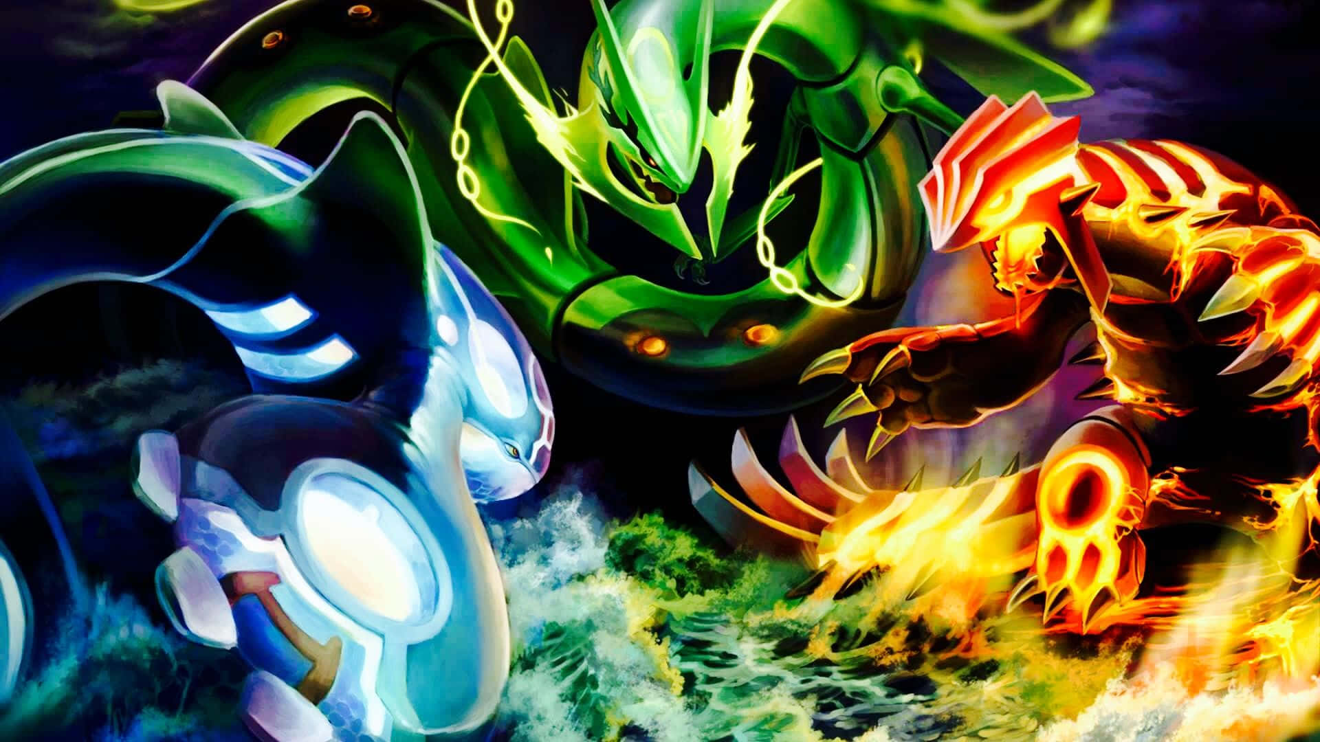 Glowing Groudon, Kyogre, And Rayquaza In Primal Forms Background