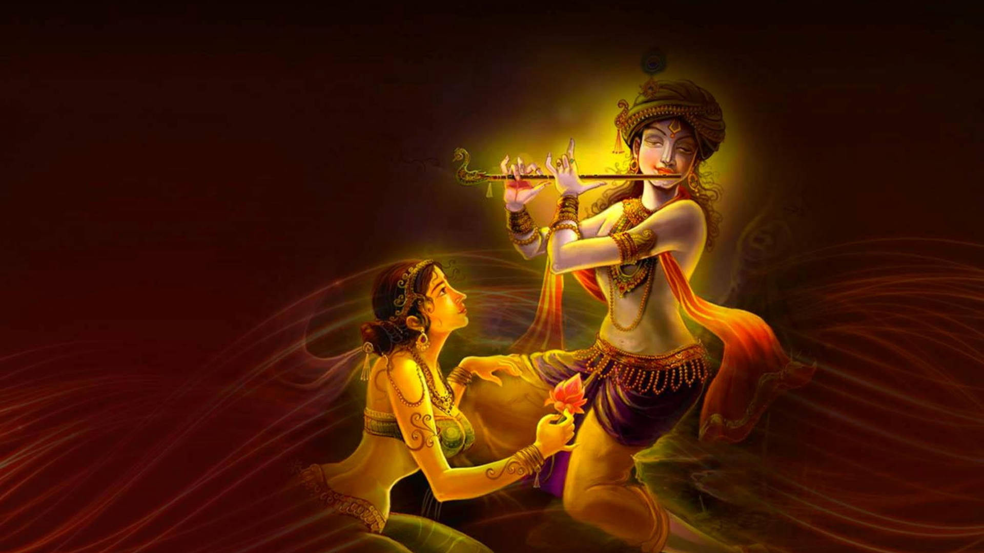 Glowing Hindu God Krishna Playing Flute Background