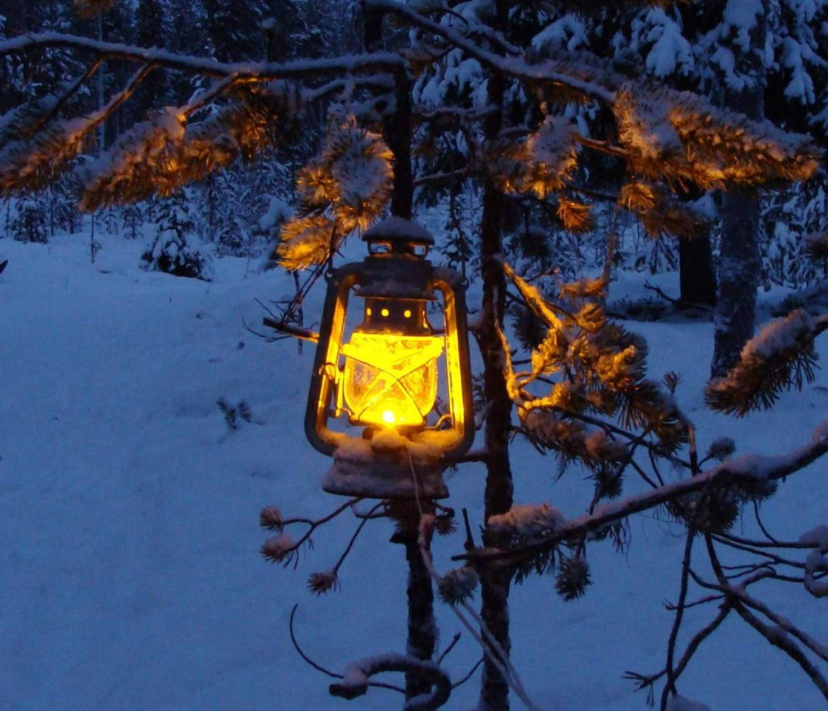 Glowing Lamp On Cozy Winter Day