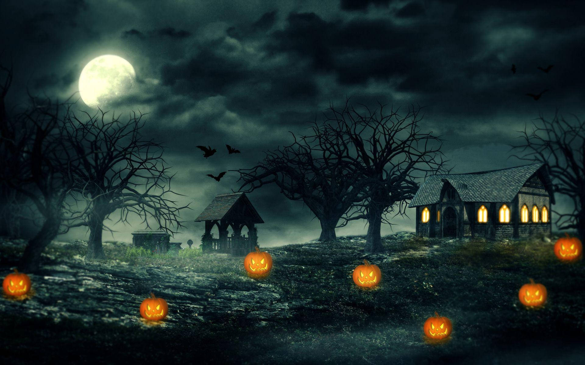 Glowing Pumpkins Outside Haunted House Background