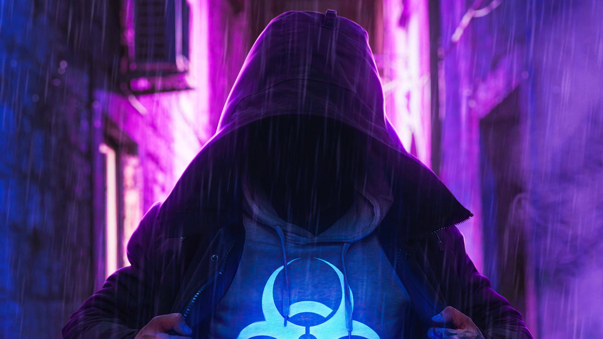 Glowing Purple Hoodie Man Under Rain