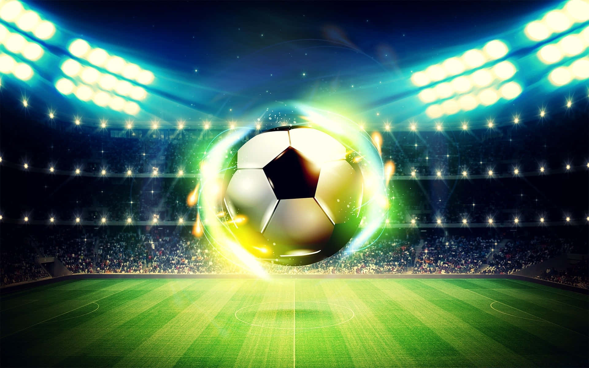 Glowing Soccer Ball At Football Field Stadium Background