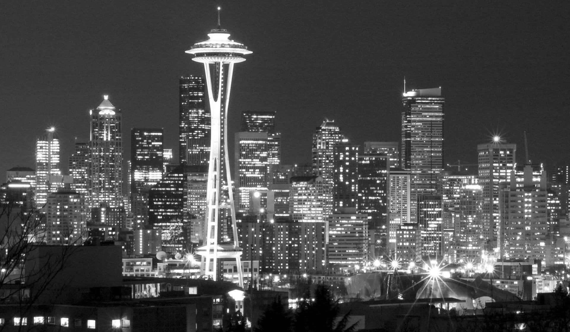 Glowing Space Needle In Seattle Black And White Background