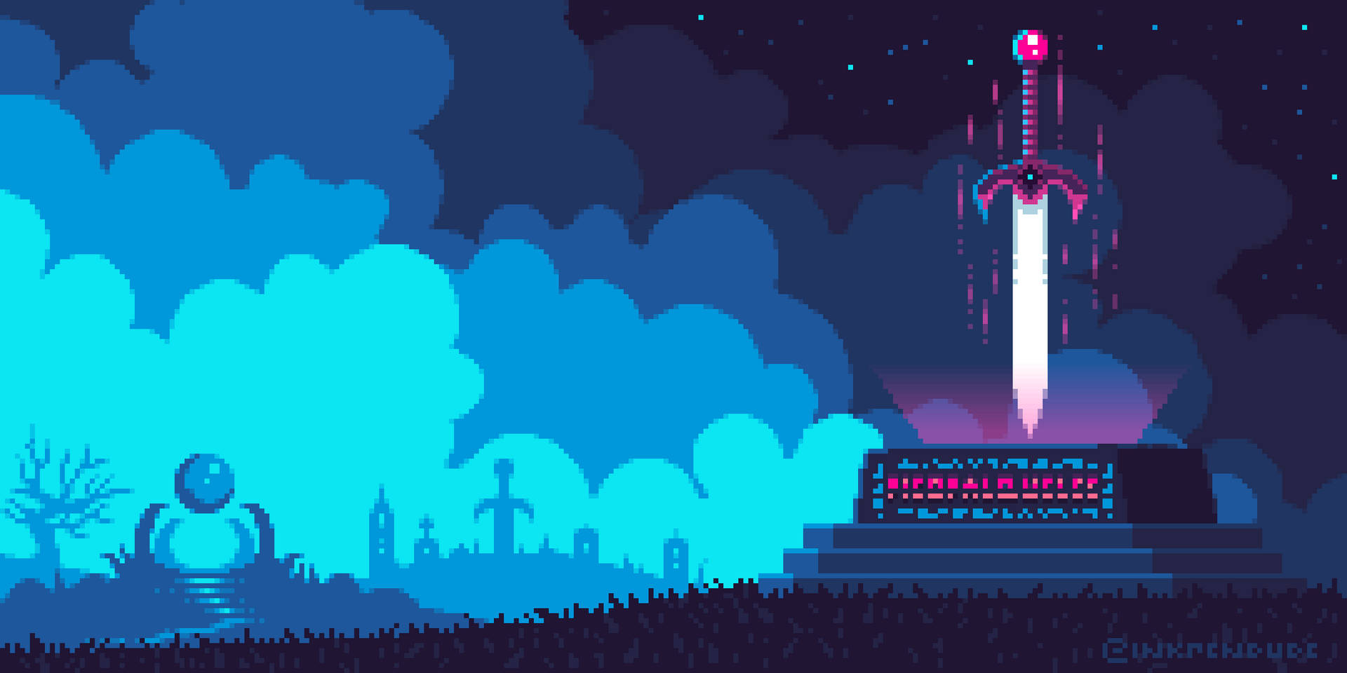 Glowing Sword In Aesthetic Pixel Art Background