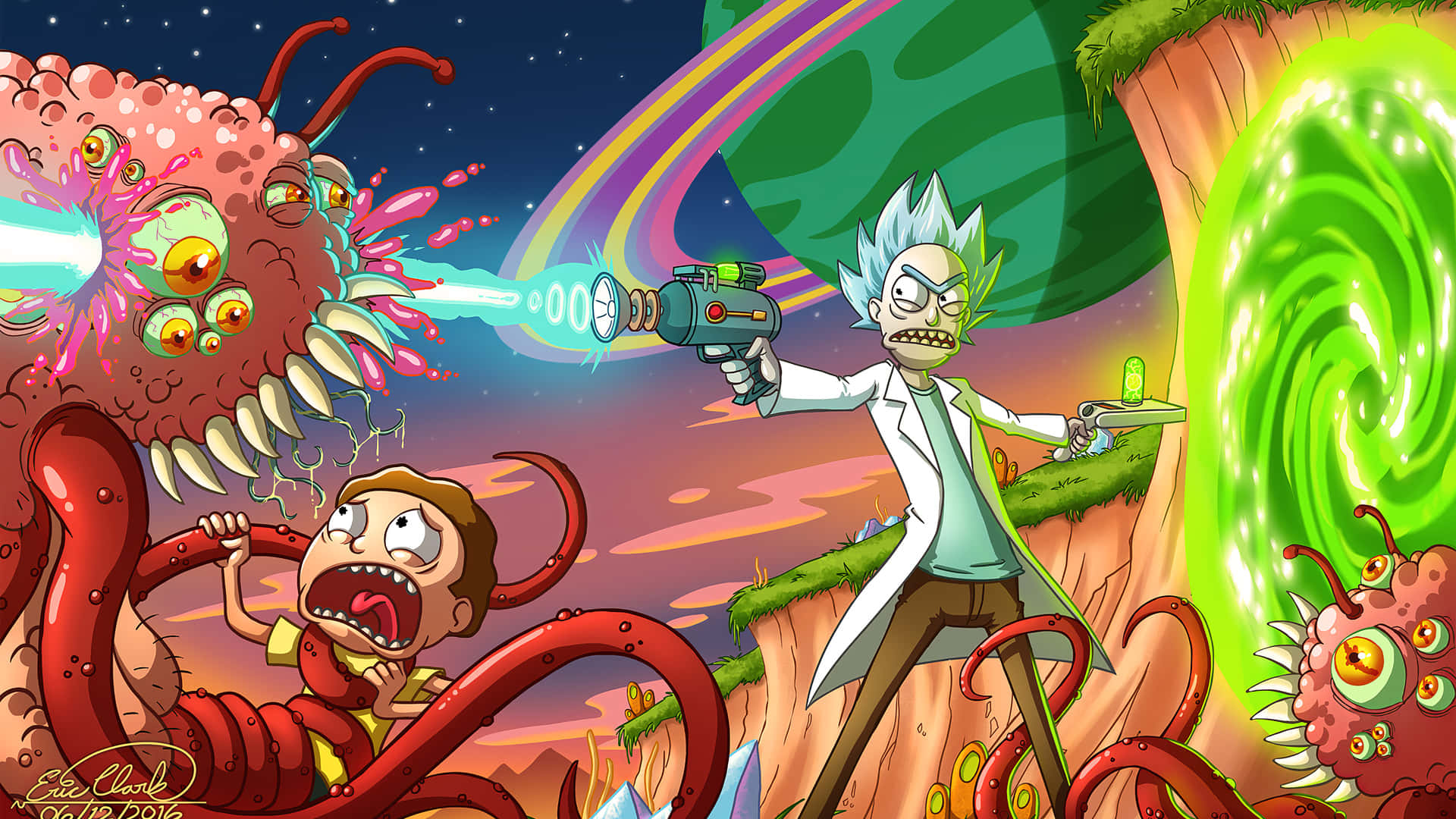 Go On A Wacky Interdimensional Adventure With Rick And Morty On Your Laptop Background