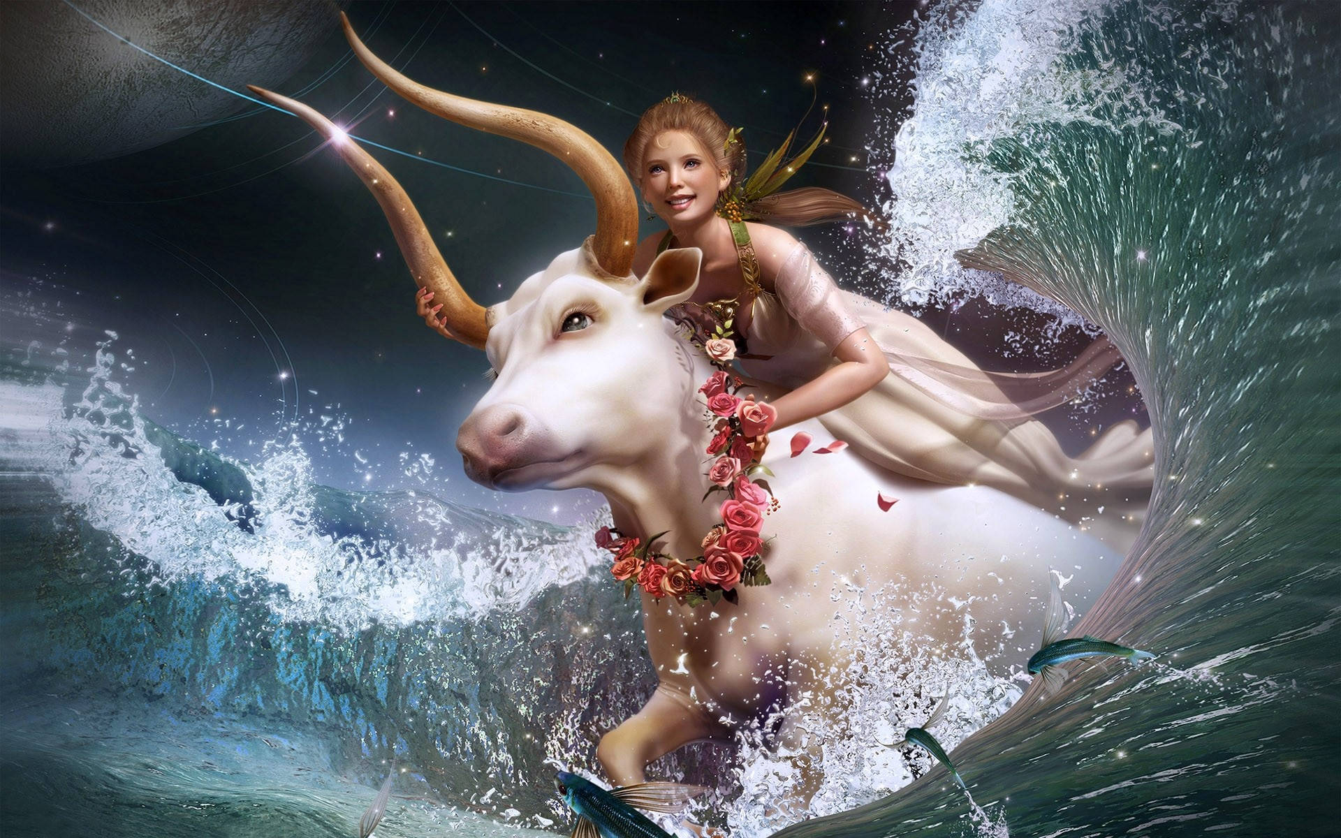 Goat With Princess On Waves Background