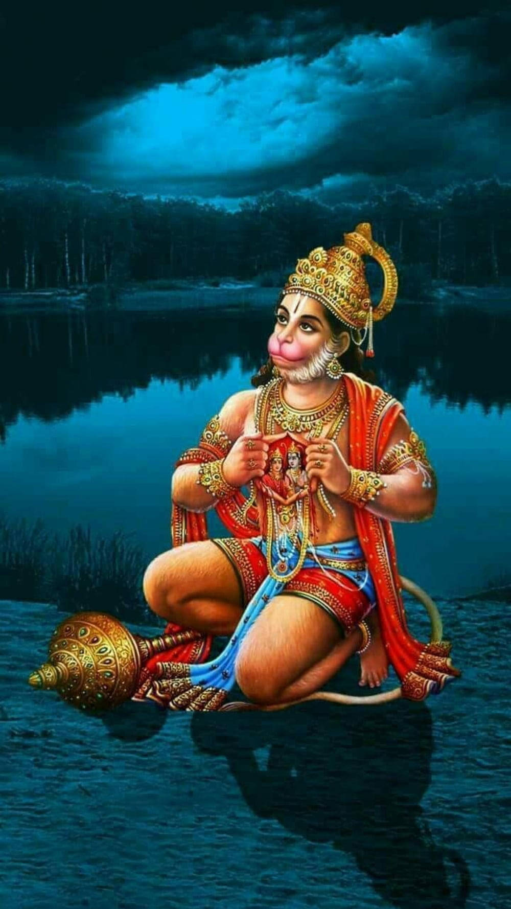 God Hanuman Beside A Body Of Water Background