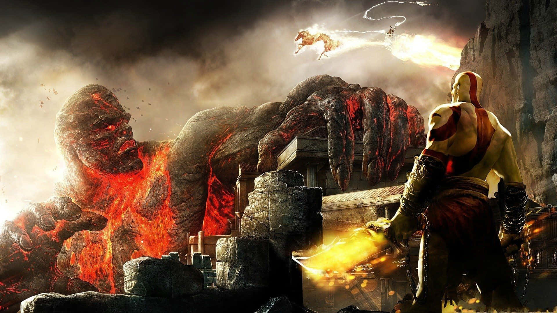 God Of War Iii Kratos Looking At Thamur Background