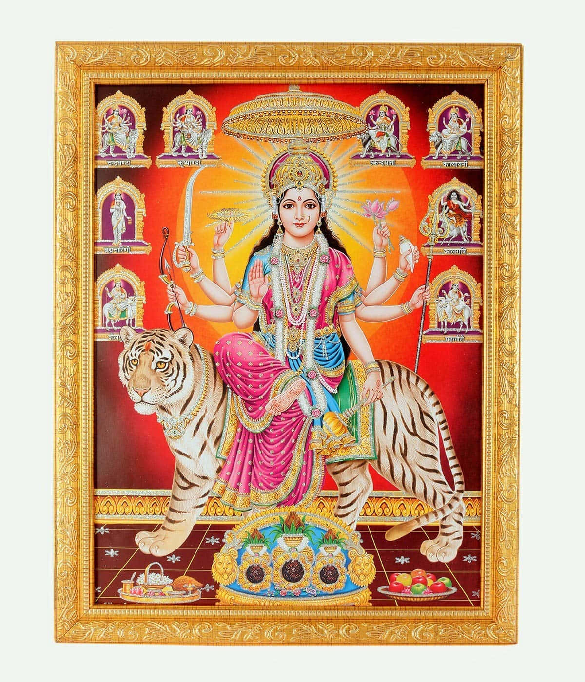 Goddess Durgaon Tigerwith Ashtadhatu Frame Background