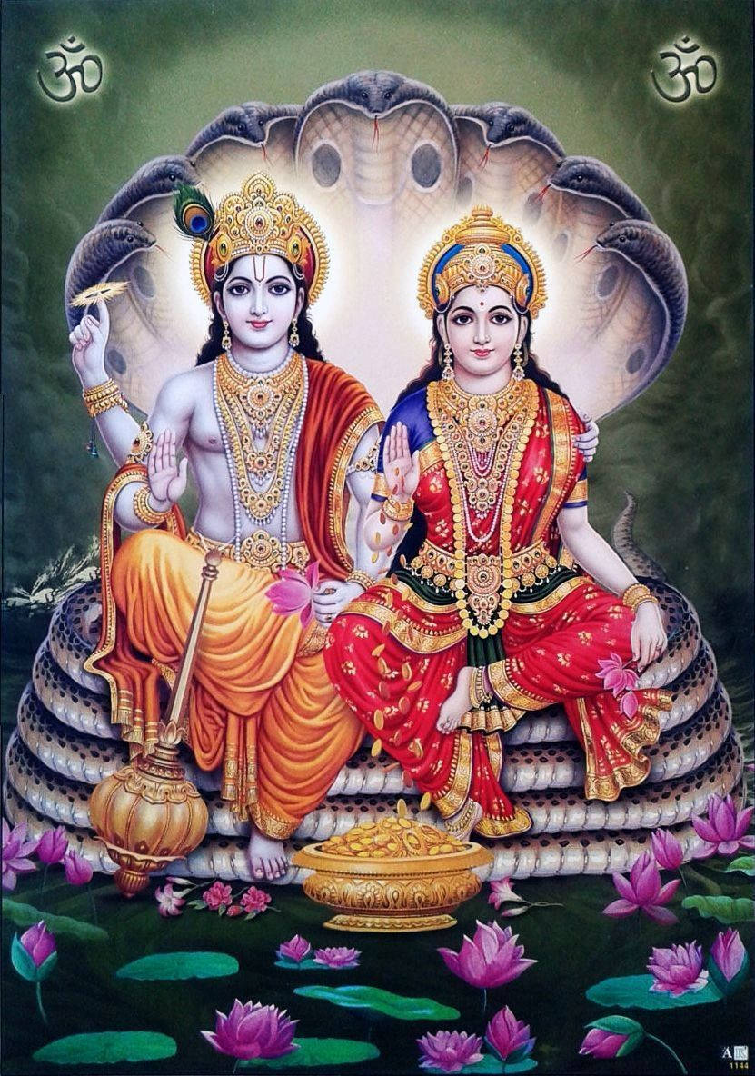 Goddess Lakshmi And Vishnu Sitting On Shesha Hd