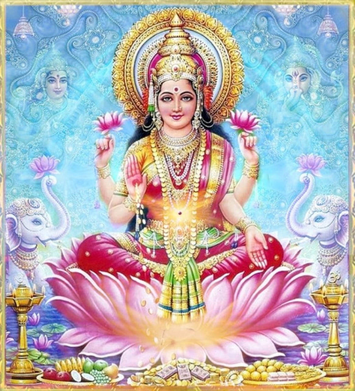 Goddess Lakshmi Sitting On Lotus Blue Aesthetic Hd