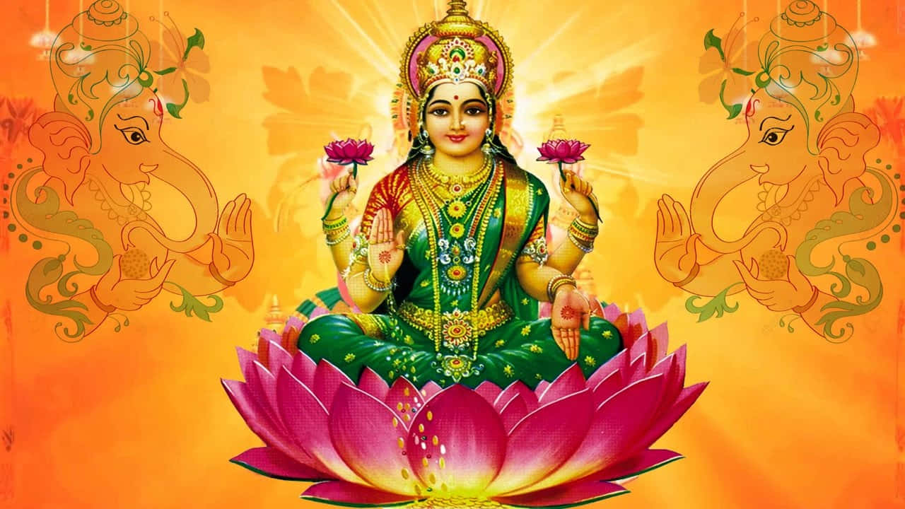 Goddess_ Mahalakshmi_on_ Lotus_with_ Ganesha Background