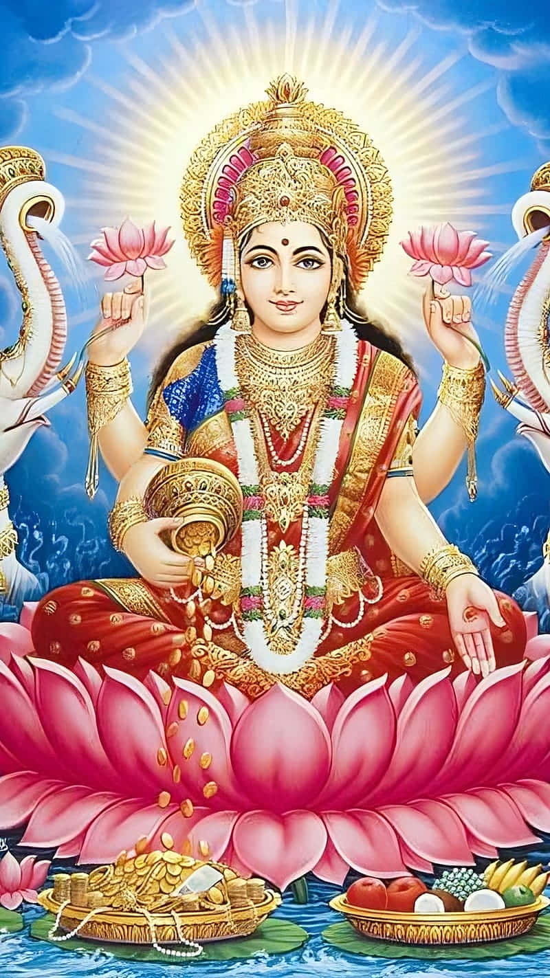 Goddess_ Mahalakshmi_ Seated_on_ Lotus Background