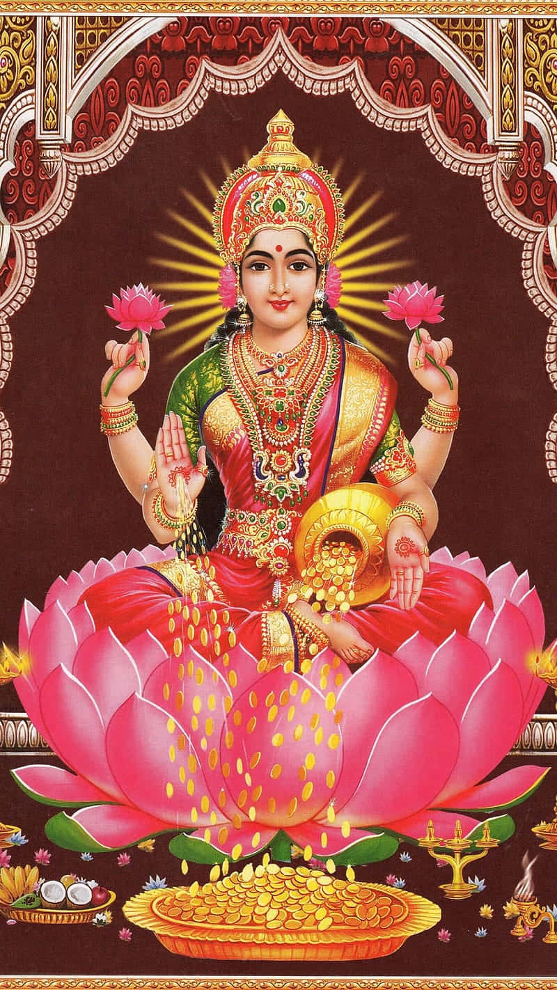 Goddess_ Mahalakshmi_ Seated_on_ Lotus Background