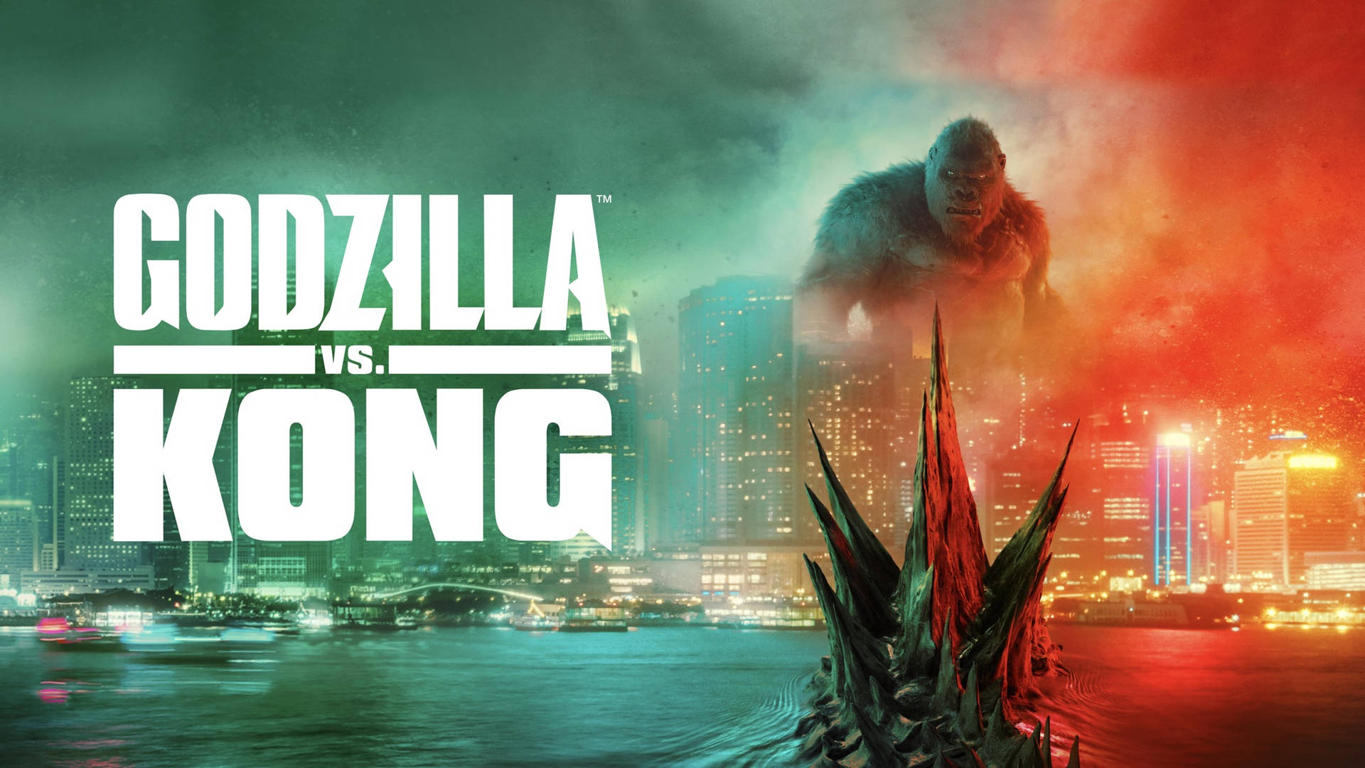 Godzilla Vs Kong - A City With A Large Statue Of Godzilla Background