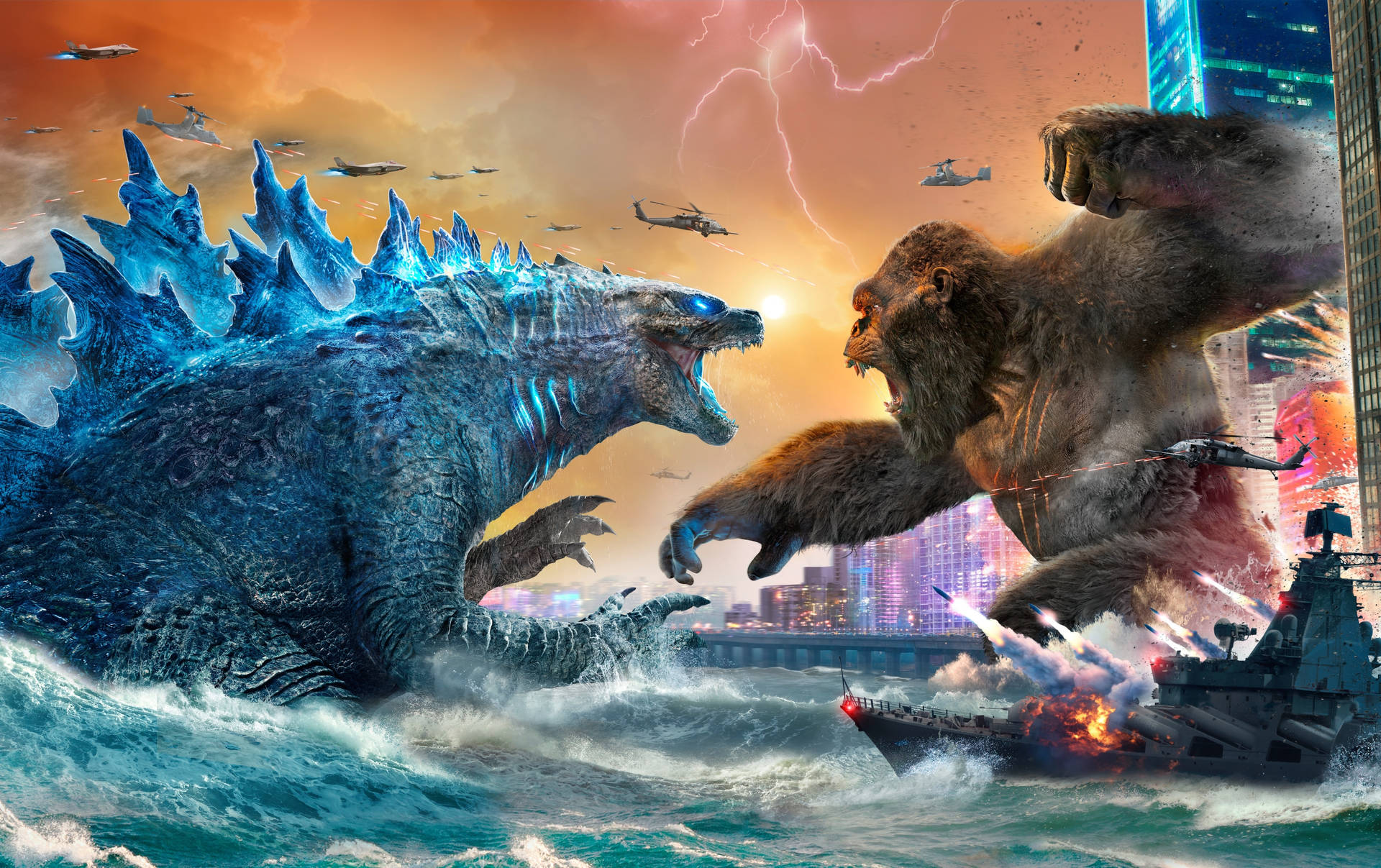 Godzilla Vs Konga Battles In The Ocean Background