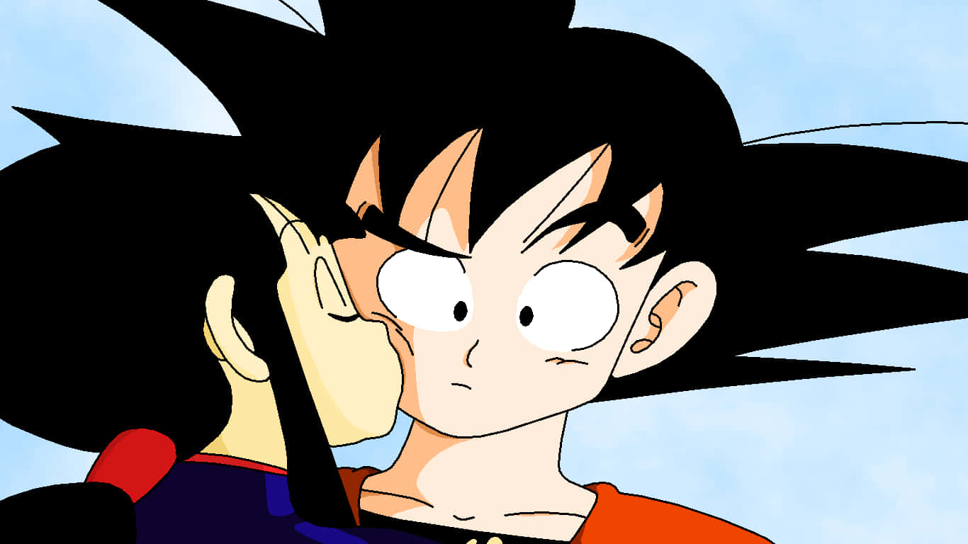 Goku And Chichi Kissing On Cheeks Background