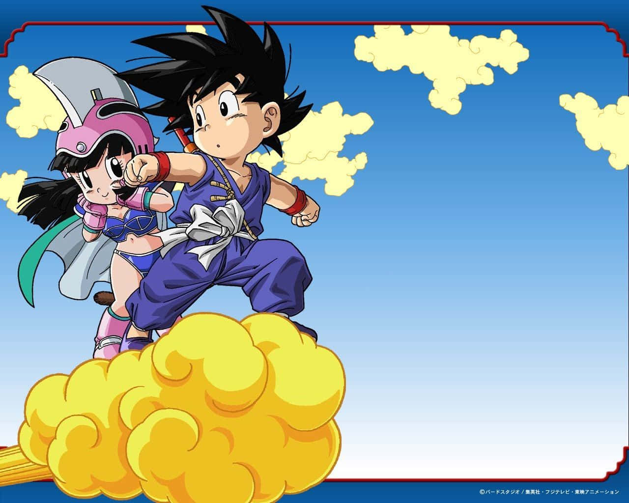 Goku And Chichi Pink Armor On Flying Nimbus Background