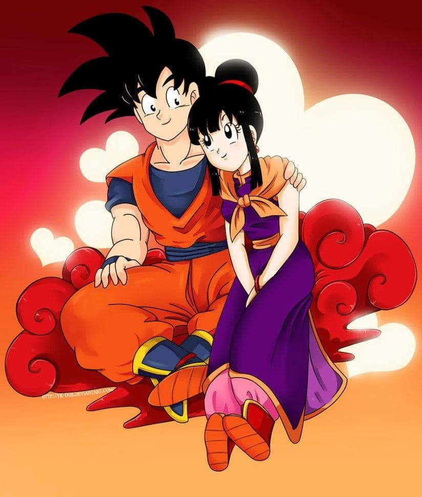 Goku And Chichi Sitting On Cloud Background