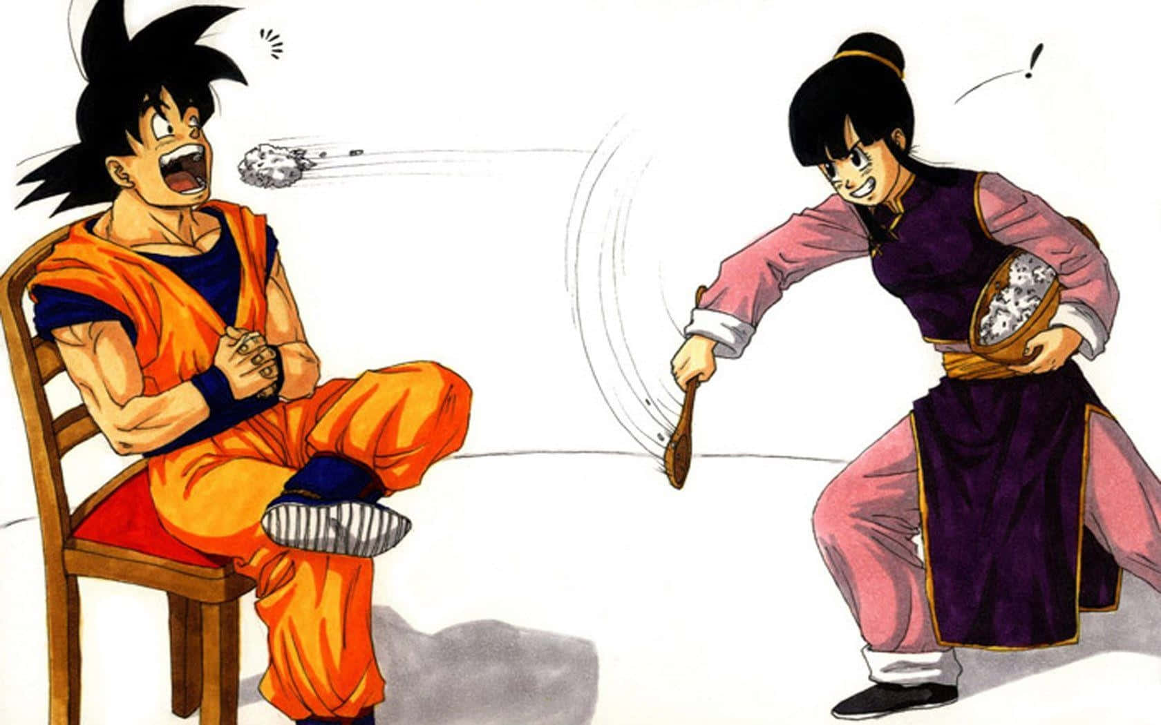 Goku And Chichi Throwing Food Background